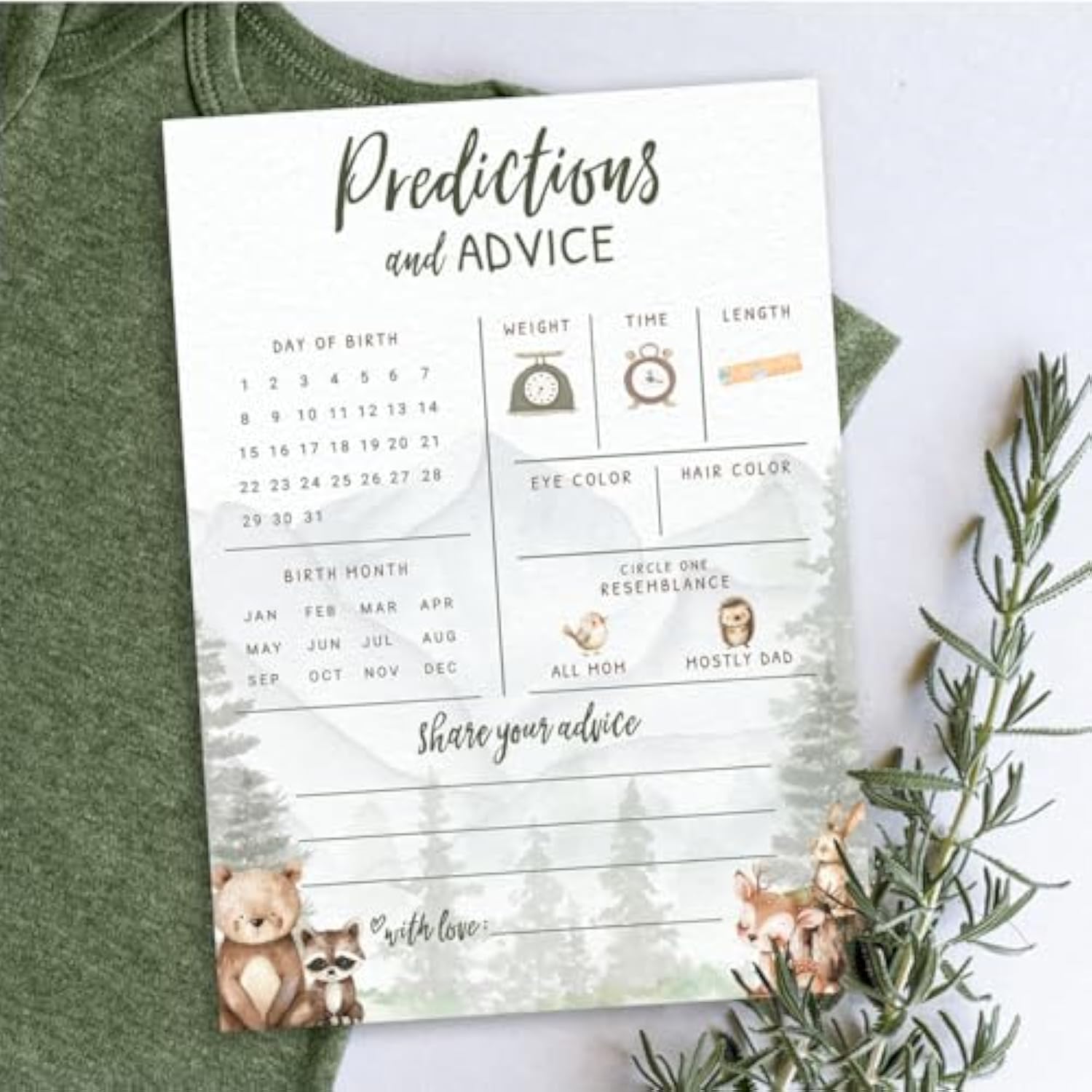 Baby Predictions & Advice Cards – Woodland Adventure Baby Shower Game, Adorable Forest Animals Theme For Boy, 30 Pack