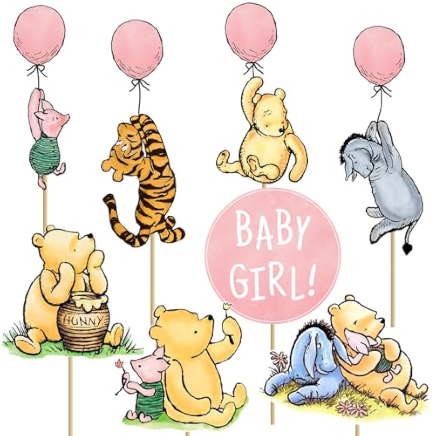 16Pcs Winnie Centerpieces For Baby Shower Decorations Girls Table Signs For Girls Baby Shower Birthday Party Decorations
