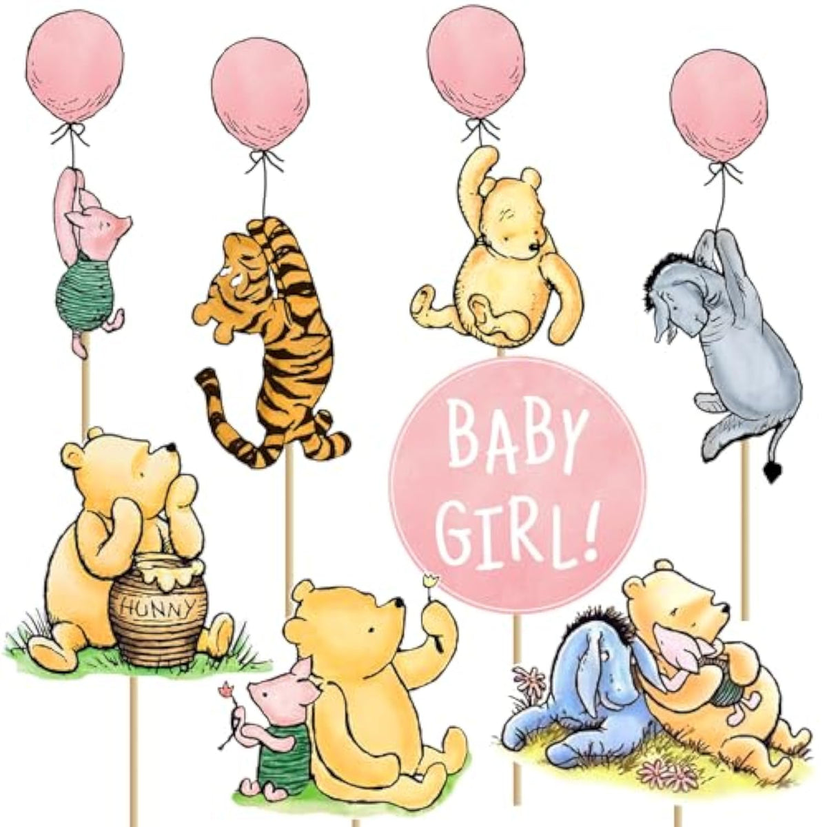 16Pcs Winnie Centerpieces For Baby Shower Decorations Girls Table Signs For Girls Baby Shower Birthday Party Decorations