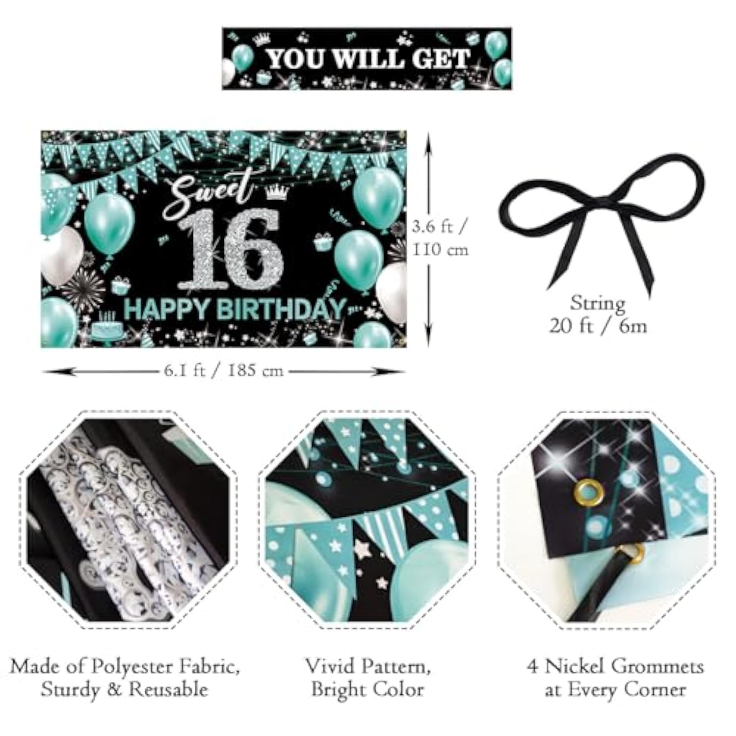 Sweet 16 Party Decorations Turquoise Fabric Banner, Yard Sign & Photo Booth Props