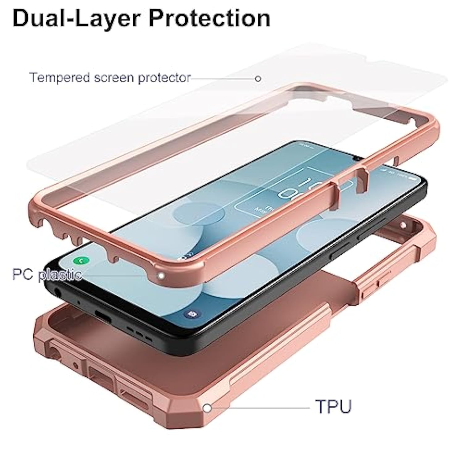 For Tcl 40T Case, Lively Jitterbug Smart 4 Case With Screen Protector, Dual Layer Protection, Shockproof Corner Tpu Bumper, Heavy Duty Silicone Phone Cover For Tcl 505/Tcl 40Xl-Rose Gold