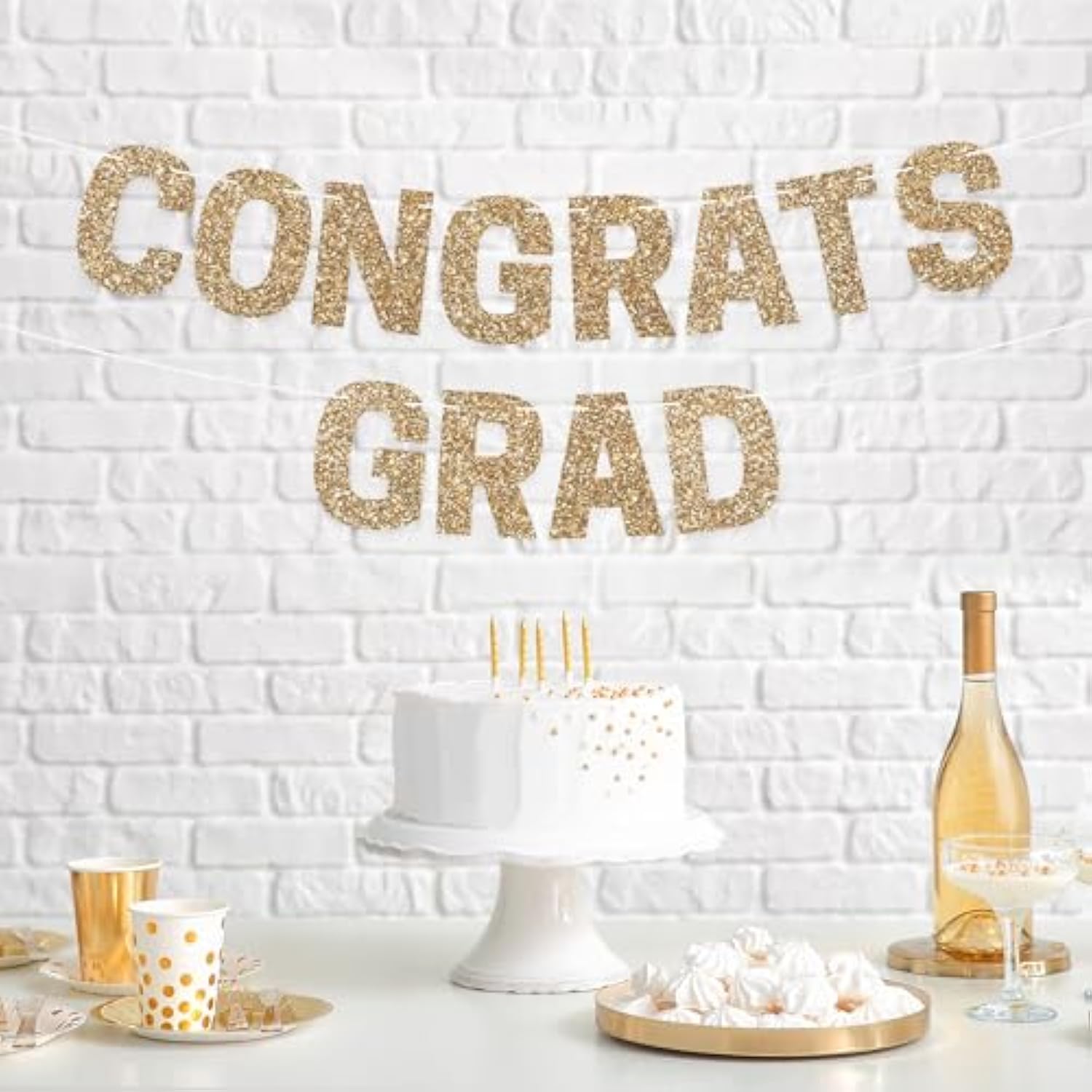 Pre-Strung Congrats Grad Banner - No Diy - Gold Glitter Graduation Party Banner - Pre-Strung Garland On 8 Ft Strand - Gold Grad Congrats Class Of 2026 Party Decorations & Decor. Did We Mention No Diy