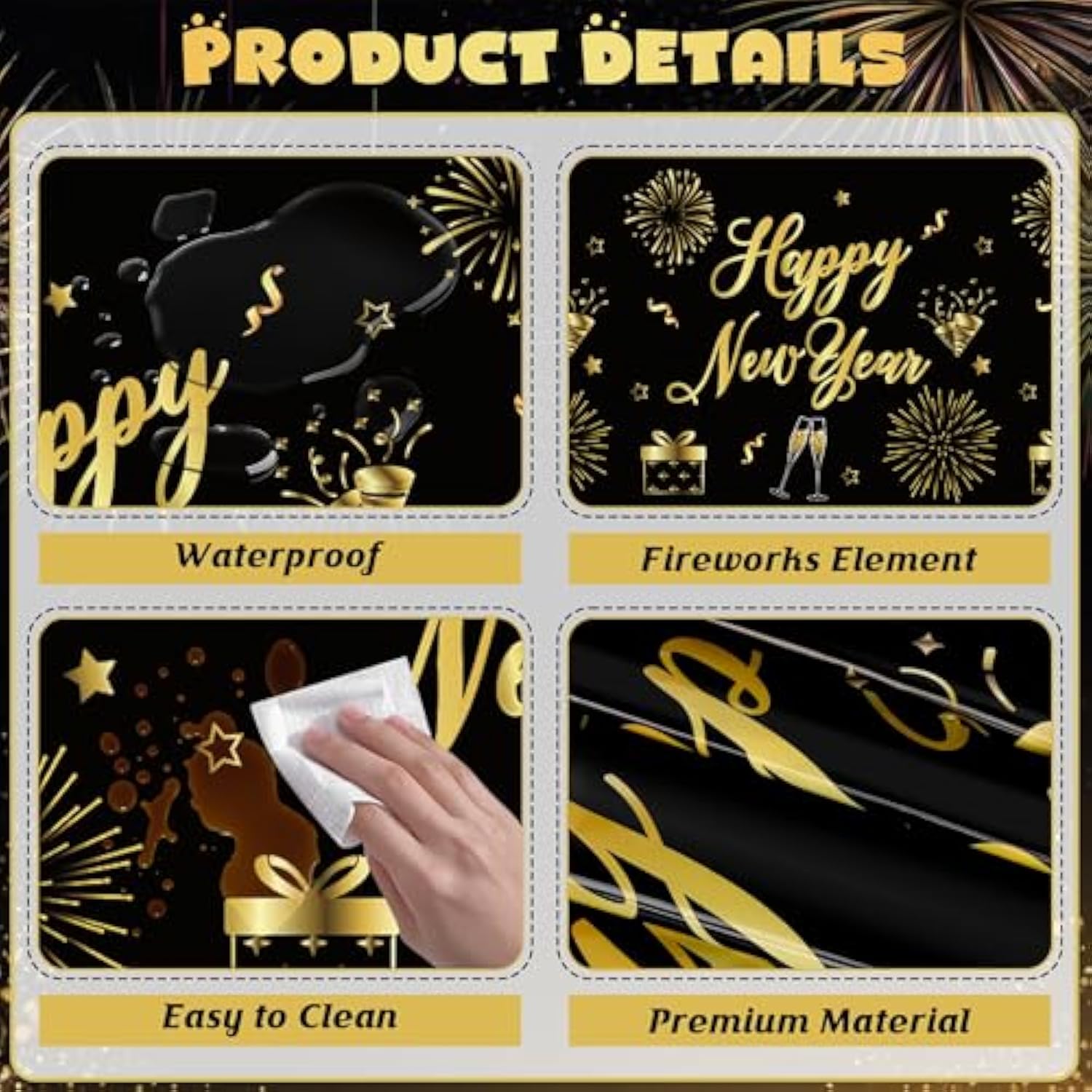 3 Pcs New Year 2026 Tablecloths 108x54in Black Gold Firework Design Disposable
