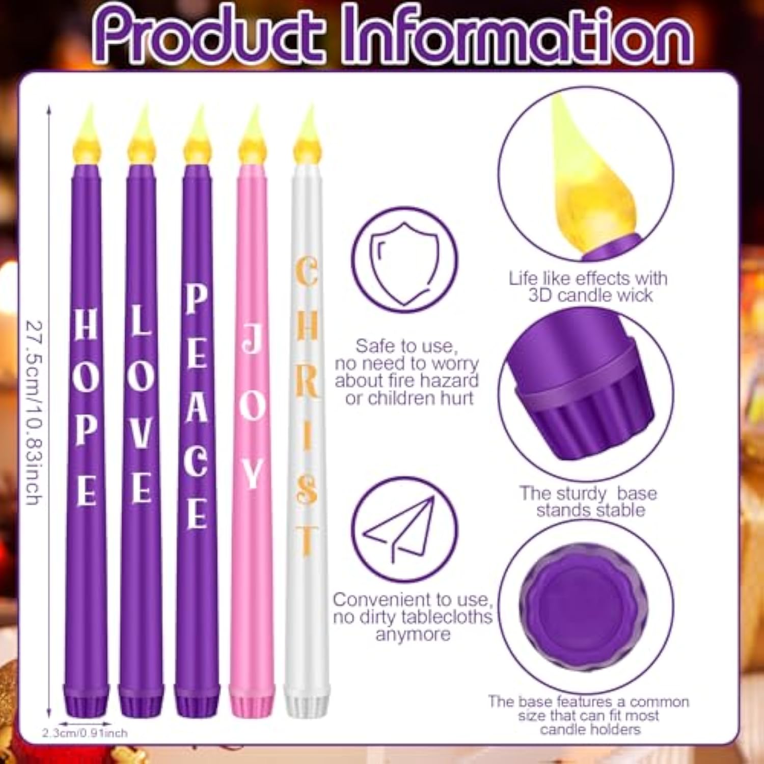 5 Pcs Led Flameless Advent Candle Set Christmas Candles With Words Joy Peace Christ Hope Love Seasonal Celebration Candles With Remote For Church Wreath, Battery Operated, Purple Pink White
