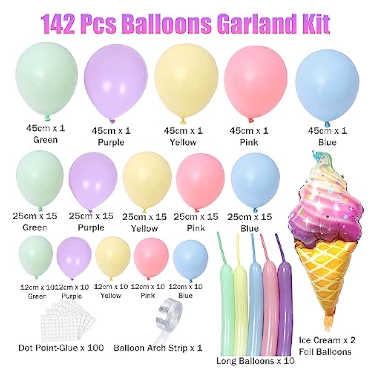 142pcs Pastel Balloon Arch Kit with Macaron Rainbow Ice Cream Foil for Parties