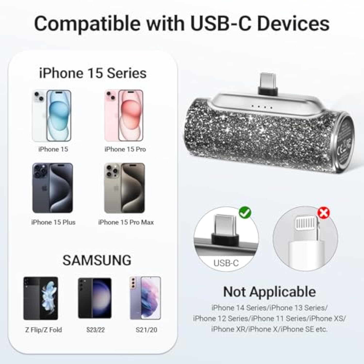Mini Portable Charger USB C, 4500mAh Small Power Bank with Built-in USB-C Connector, Bling Glitter Battery Pack for iPhone 16/15 Pro/Pro Max/Plus, Samsung Galaxy S24/S23/Android – Shiny Black