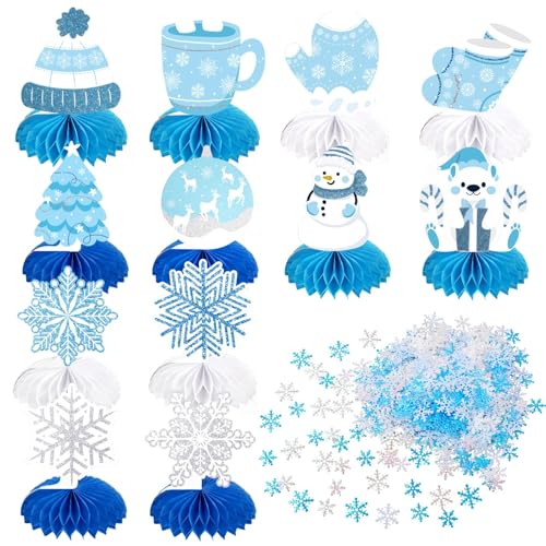 Frozen Winter Wonderland Party Decorations - 12 Pack Winter Themed Snowflake Honeycomb Table Centerpieces and 600pcs Snowflake Confetti for Christmas Holiday Winter Birthday Baby Shower Party Supplies