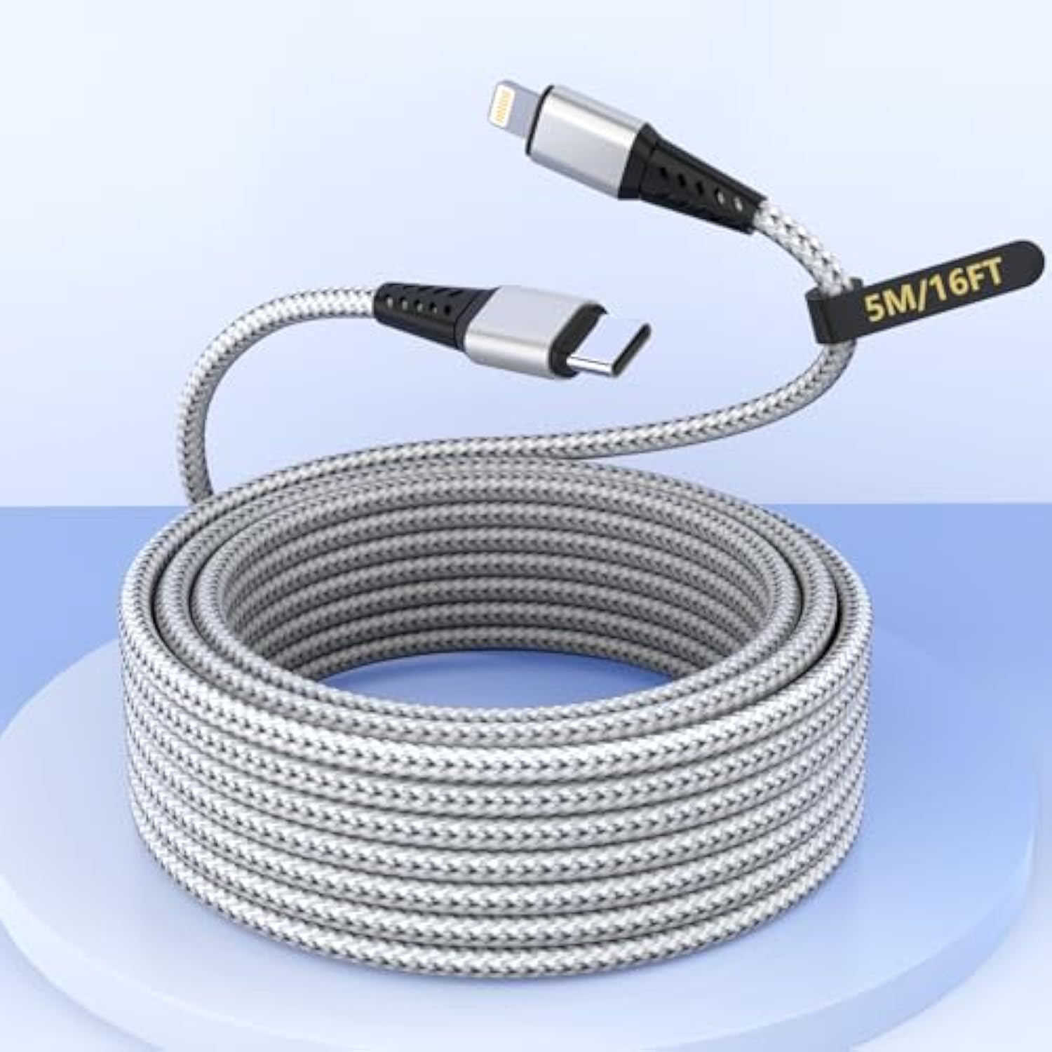 16Ft Extra Long Usb C To Lightning Charger Cable For Iphone,Apple Mfi Certified Charger Cord, Nylon Braided Sync Data Charge Cord For Iphone 14 Pro Max/14/13Pro/12/11/X/Xs/Xr/Ipad-Silver