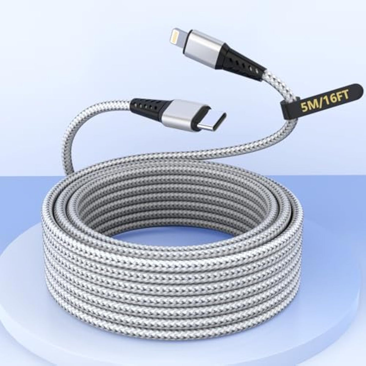 16Ft Extra Long Usb C To Lightning Charger Cable For Iphone,Apple Mfi Certified Charger Cord, Nylon Braided Sync Data Charge Cord For Iphone 14 Pro Max/14/13Pro/12/11/X/Xs/Xr/Ipad-Silver