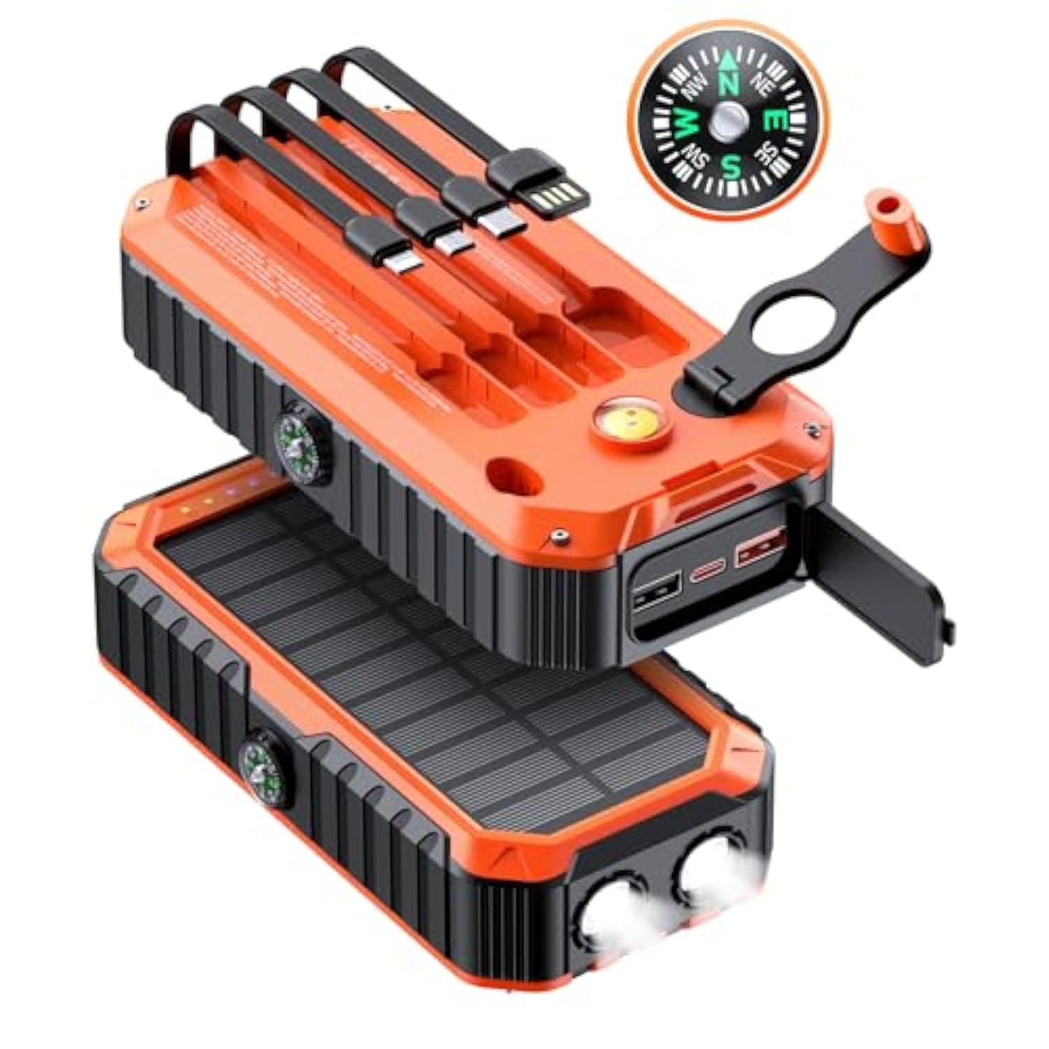 Solar Charger Power Bank 40000Mah Built In 4 Cables And Hand Crank, Portable Charger 22.5W Fast Charger 6 Outputs & 4 Inputs External Battery Pack With Bright Flashlight And Compass