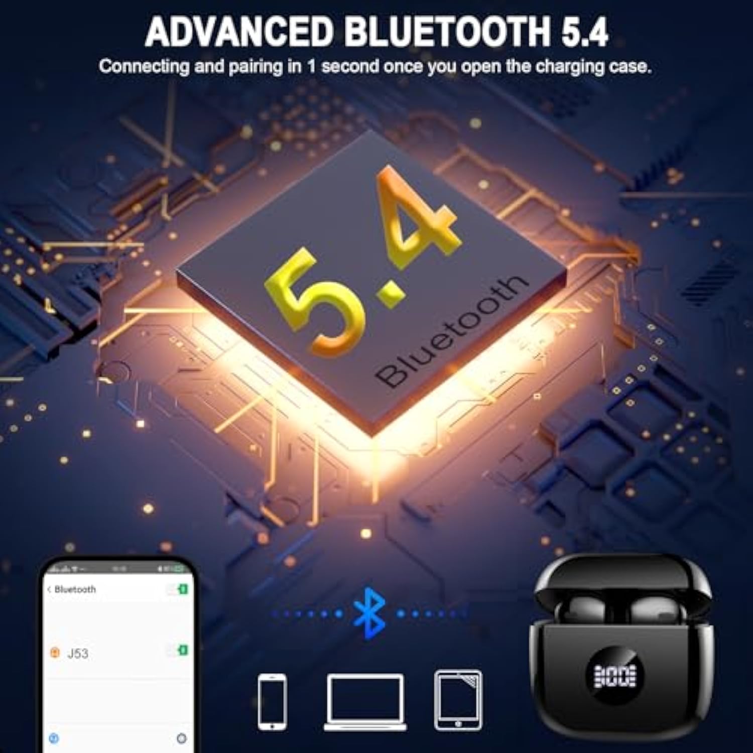 Wireless Earbuds, Bluetooth 5.3 Ear Buds Led Power Display Headphones Bass Ste