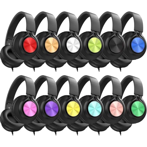 Headphones Wired 12-Pack Bulk for School Students Kids K-12 Classroom?Adjustable, Foldable, Over-Ear Headsets with Microphone HD Stereo Sound 3.5mm