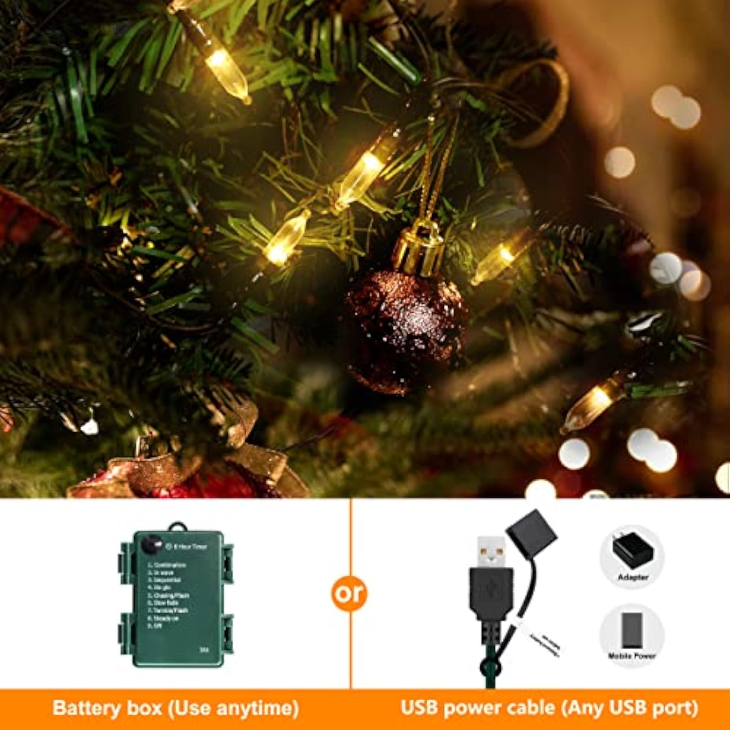Christmas Lights, 66Ft 200 Led String Lights With Timer, Usb Or Battery Operated String Lights Waterproof 8 Modes Lights