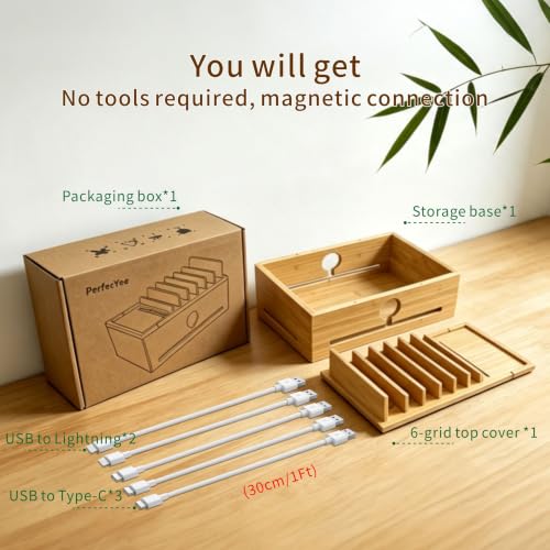 Bamboo Charging Station Organizer for Multi-Devices with Tray, Nightstand Desk Electronic Organizer Stand for Cell Phone, Tablet, Etc (with 5-Cable,