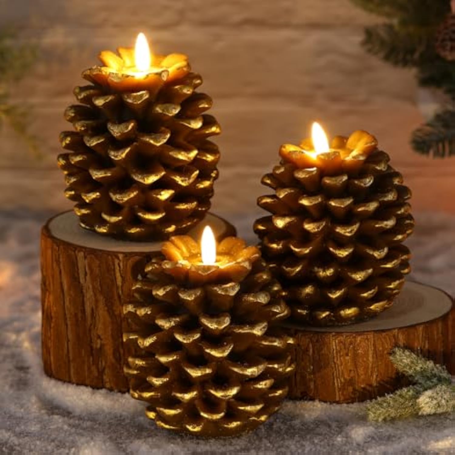 3 Pcs Led Pine Cone Candles Flameless Pinecone Candles Battery Operated, Real Wax Pine Cone Led Flickering Pillar For Christmas Home Party Decoration(Brown)