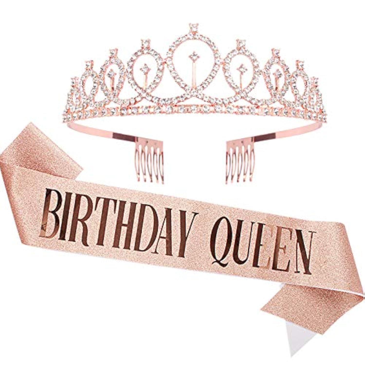 Rose Gold Rhinestone Birthday Crown and Sash Set for Women's Decorations