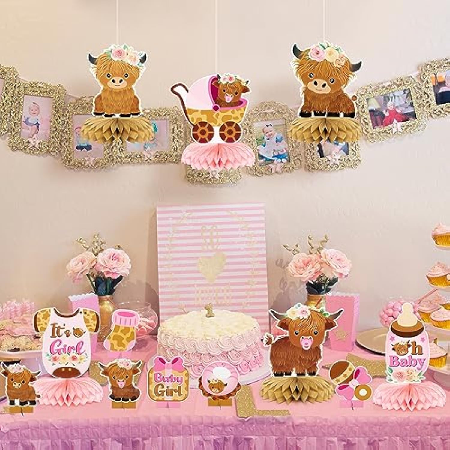 12Pcs Pink Highland Cow Honeycomb Centerpieces Floral Highland Cattle