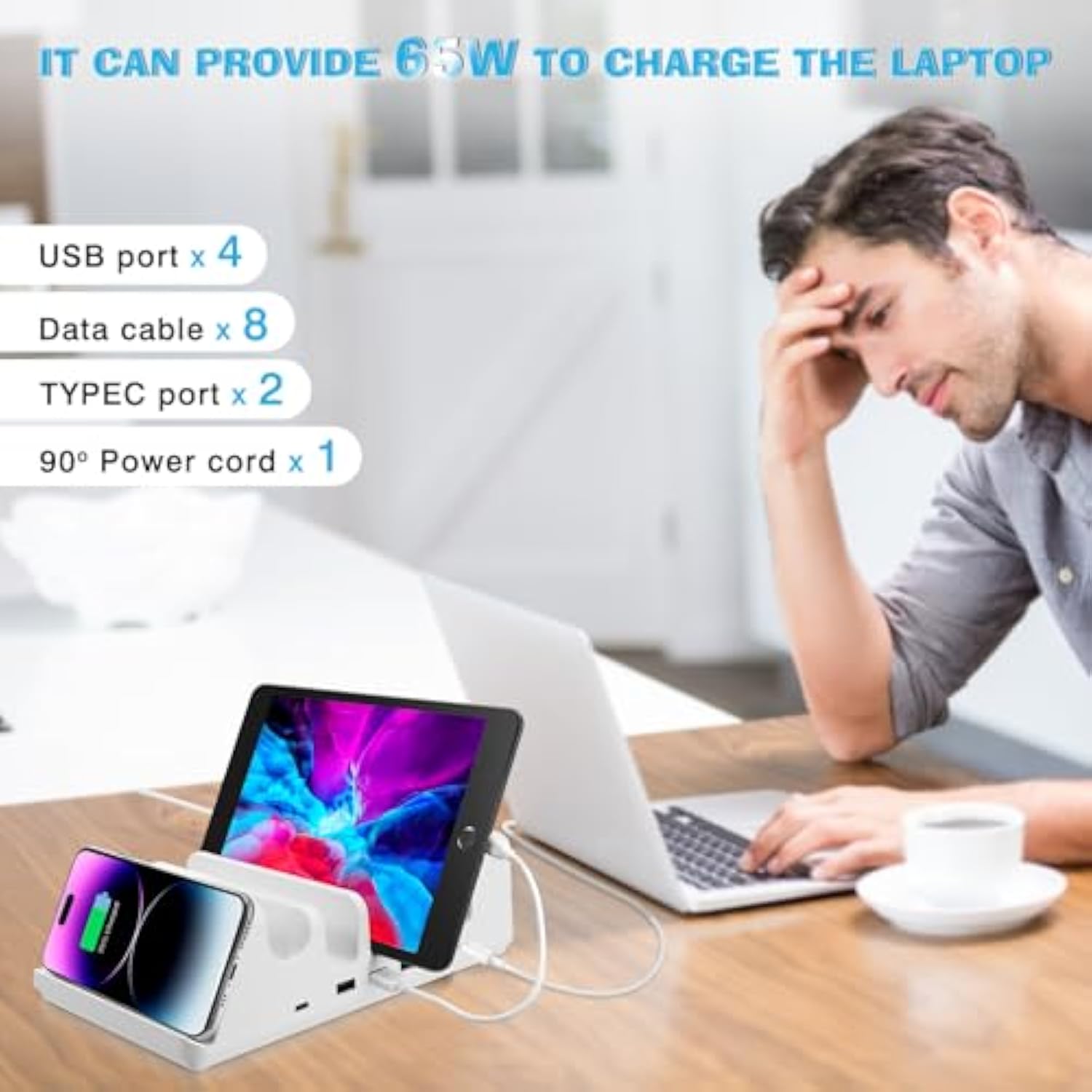 150W Family Charging Station, With Usb & Usb-C Ports, Wireless Charging For Mobile & Airpods/Buds, Compatible/W Iphone, Ipad, Samsung Mobile & Tablet, Macbook, Laptop, Providing 20V/65W Usb-C