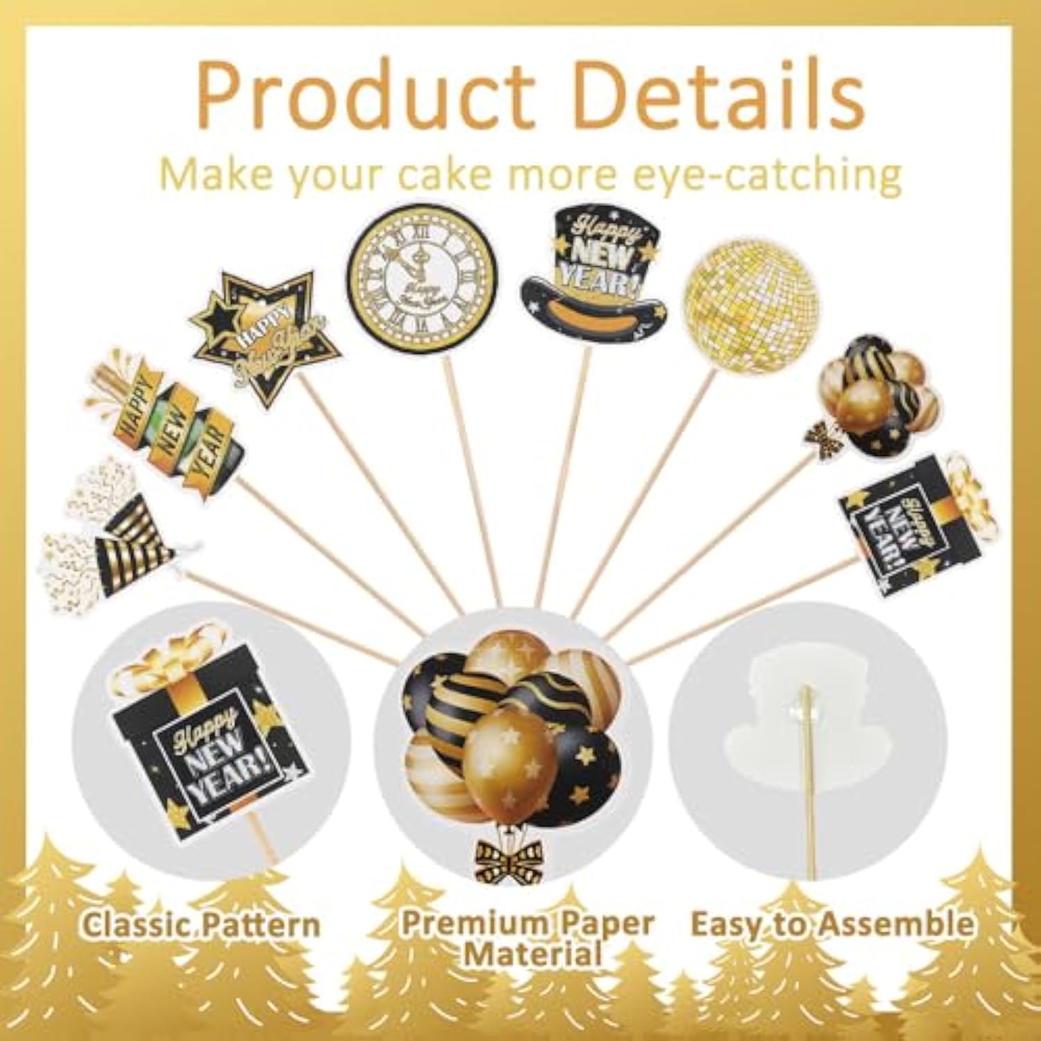 24 Pcs Black & Gold 2026 New Year Cupcake Toppers 8 Designs