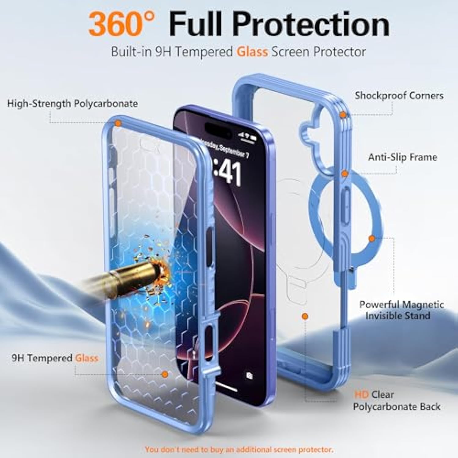 Magnetic Stand For Iphone 16 Plus Case [Fit For Magsafe] [Built-In 9H Tempered Glass Screen Protector] Full-Body Shockproof Military-Grade Protective Case Sky Blue