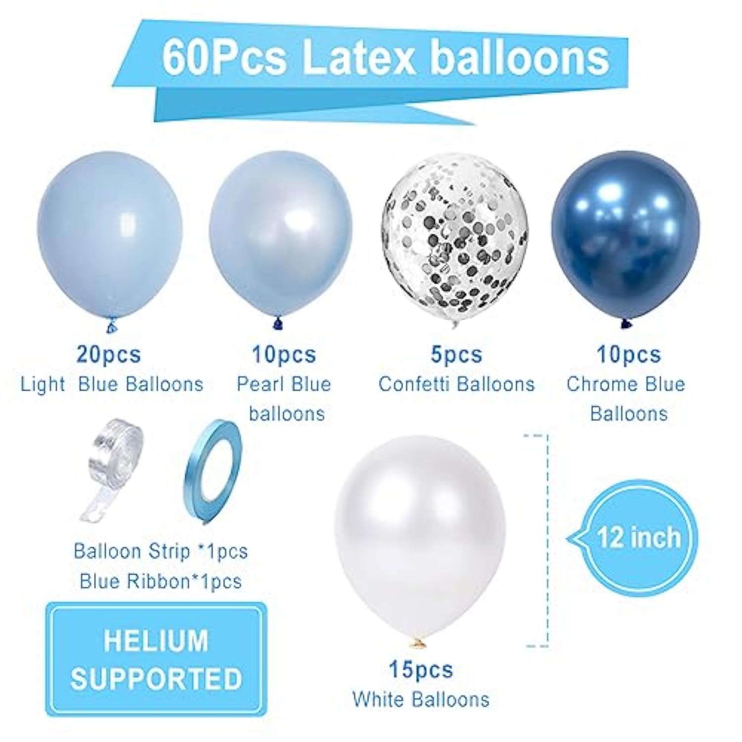 60pcs Blue & White Metallic Chrome Balloons – 12" Pearl Party Balloons for Weddings and Showers