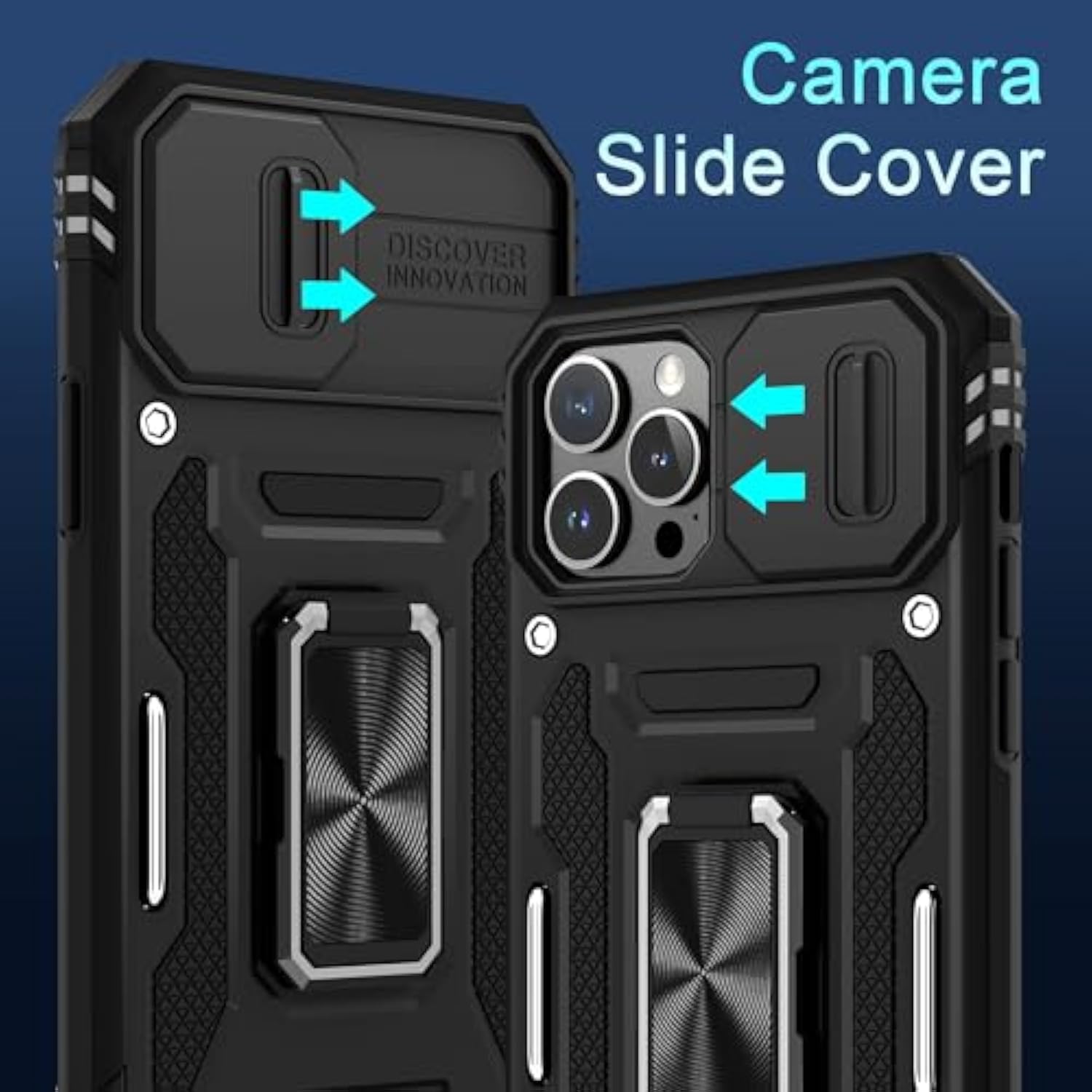 iPhone 13 Pro Max Case with Slide Camera Cover Ring Kickstand Black