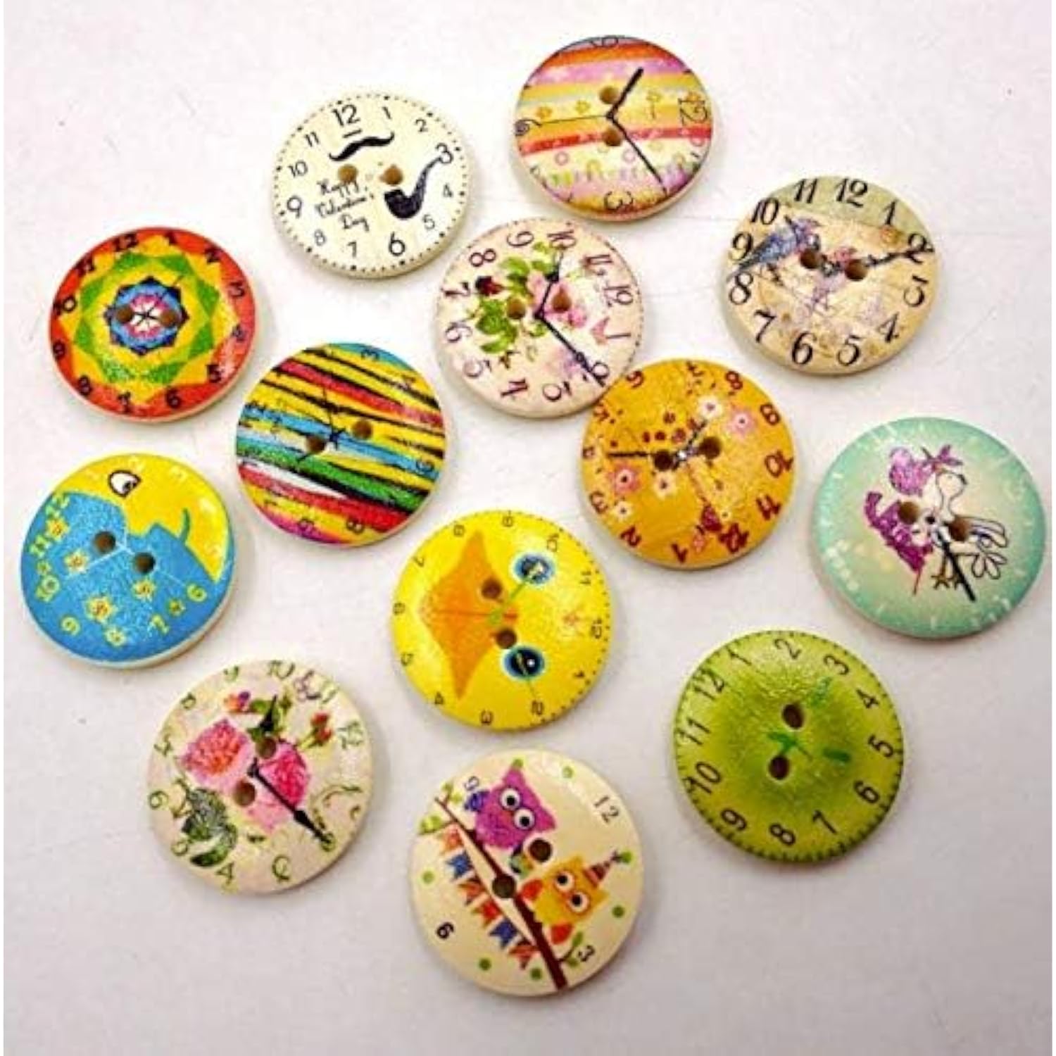 50Pcs 2 Hole 20Mm Wood Buttons,Colorized Style Mixed Clock Patterns Bu