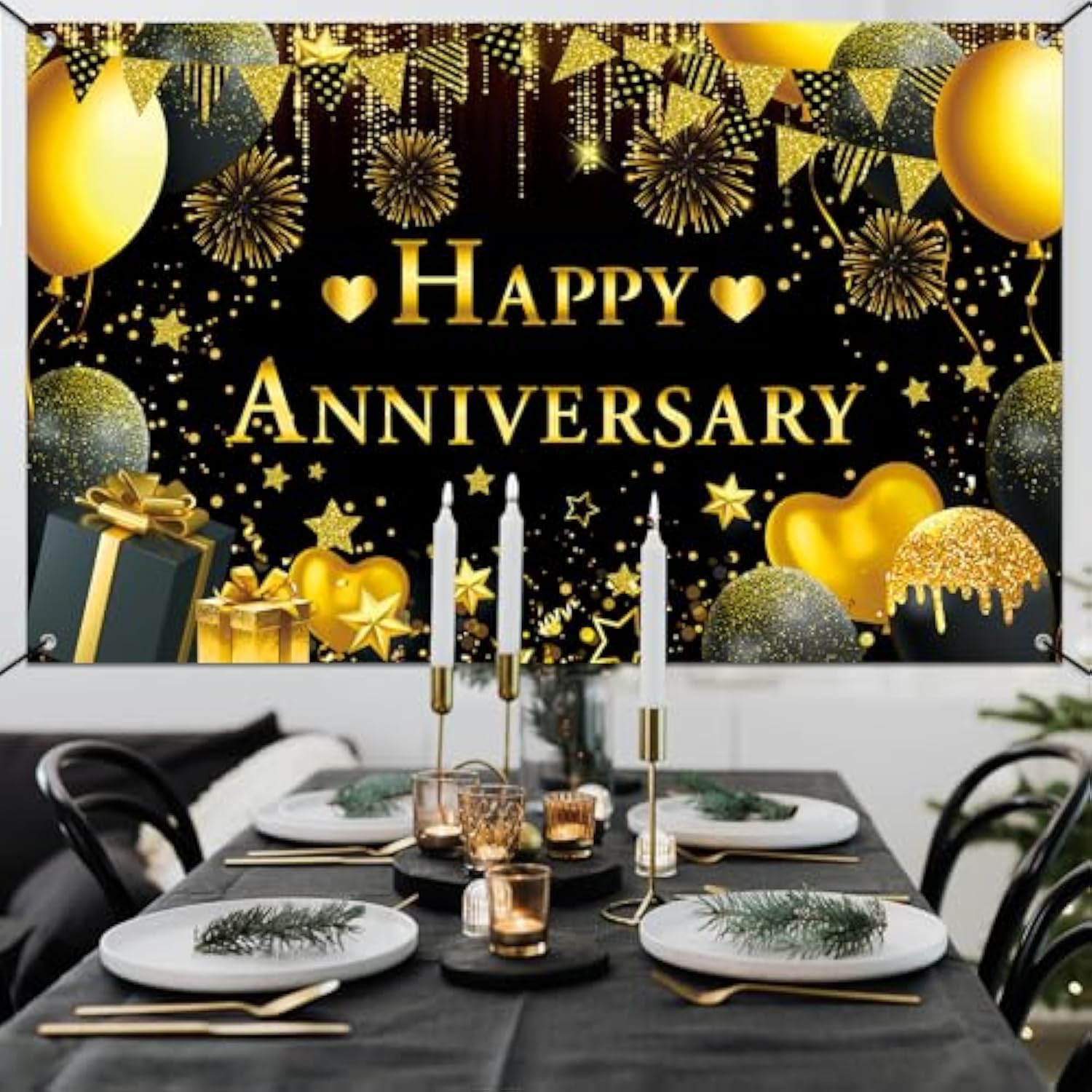 Happy Anniversary Decorations Kit - 5.9X3.6Ft Banner & 18Pcs Balloons, Black & Gold Backdrop For Wedding, Party Supplies - Men & Women