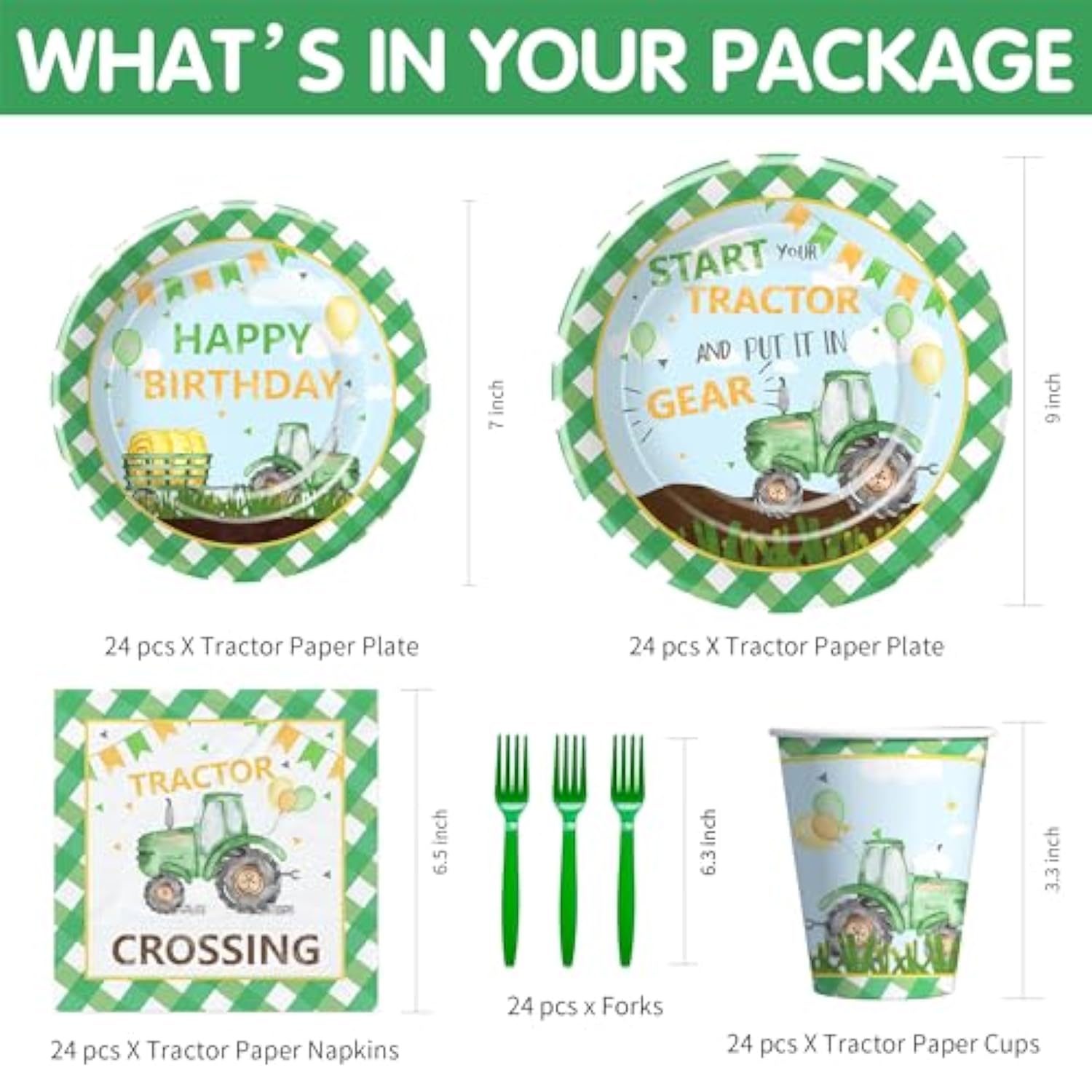 Tractor Birthday Plates And Napkins Party Supplies - Farm Theme Green Tractor Birthday Decorations Tableware, Paper Plate, Cup, Napkin, Disposable Fork | Serves 24