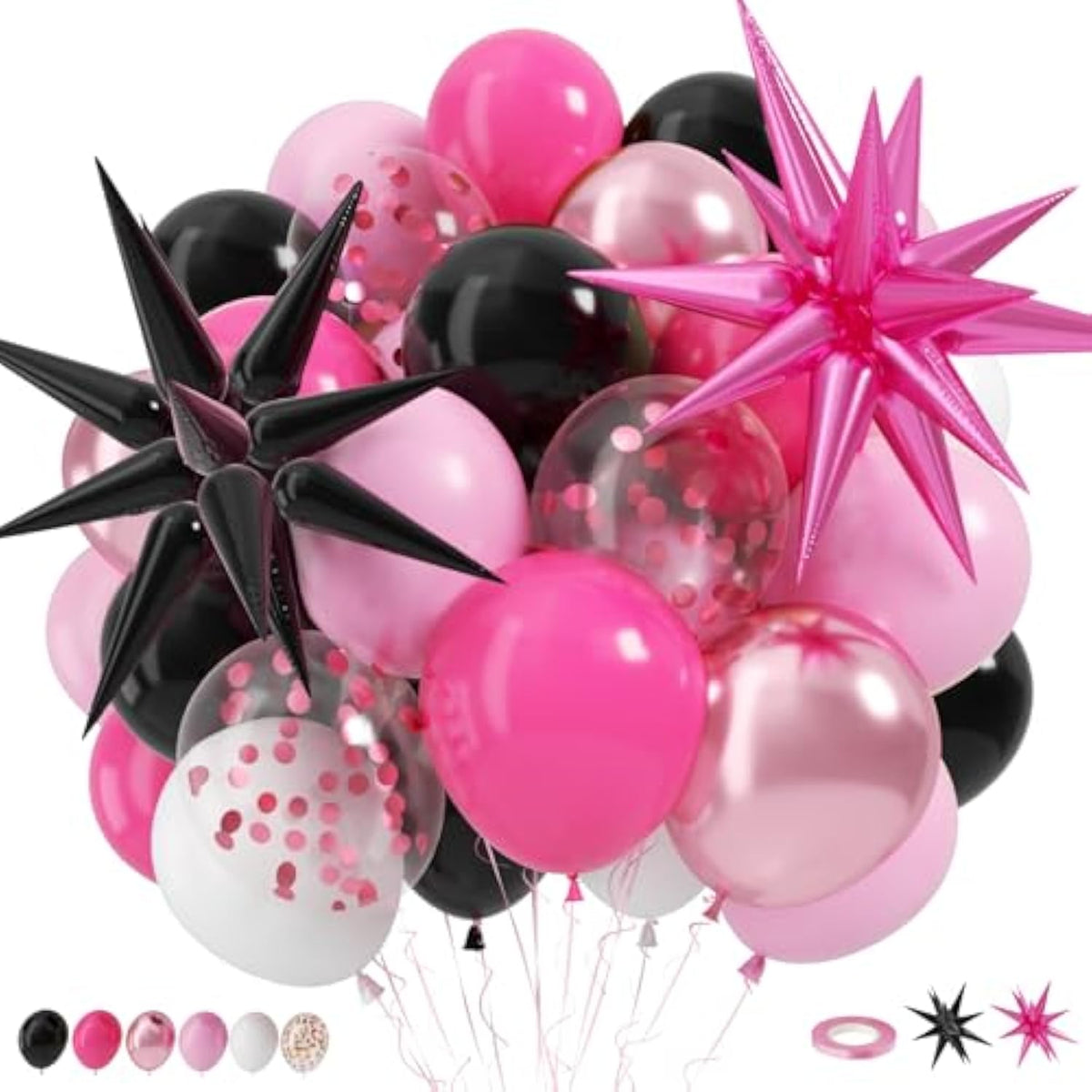 Pink And Black Balloons, 12 Inch Hot Pink And Black Party Decorations With Confetti Metalic Balloon Star Foil Balloons For Mouse Theme Birthday Wedding Bridal Shower Party Decoration