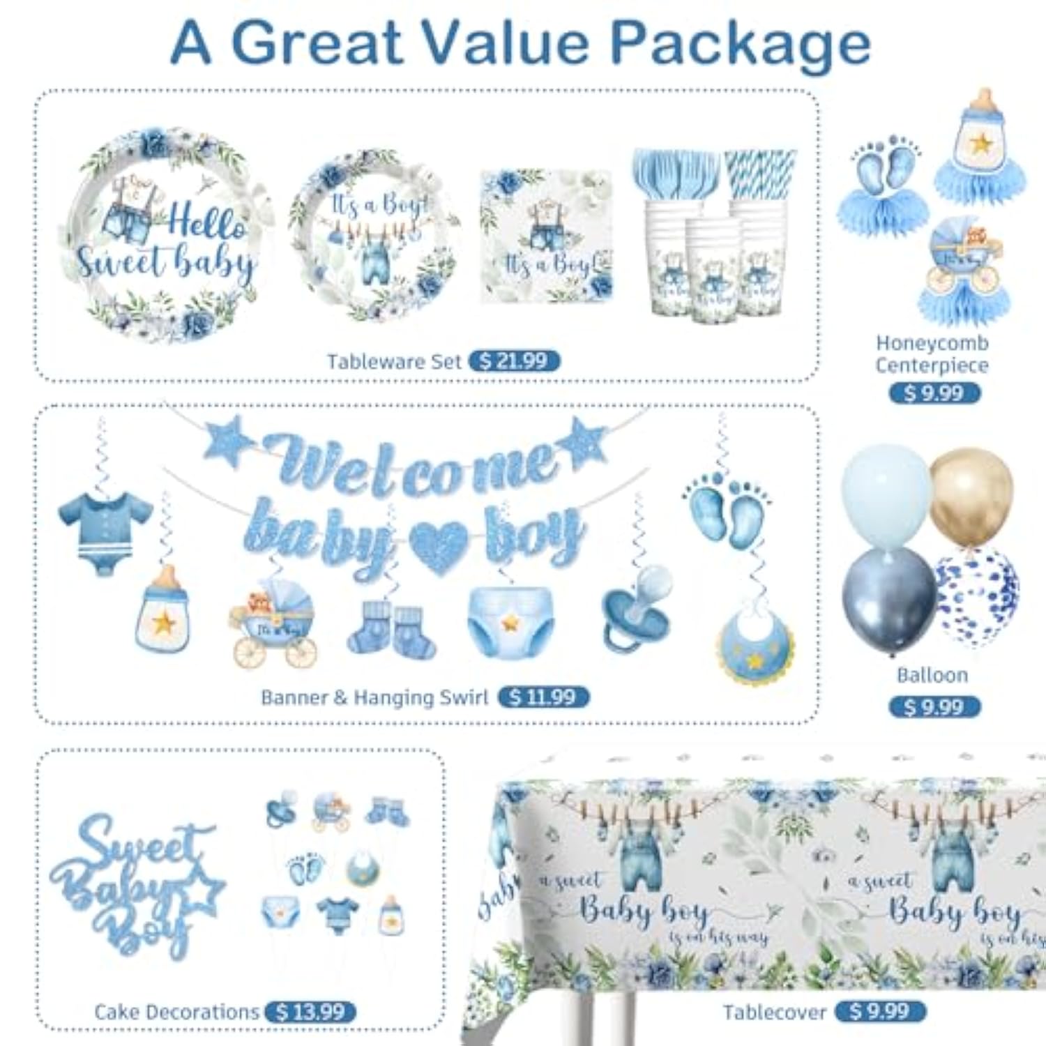 213Pcs Blue Baby Boy Shower Decorations Tableware Set, 25 Serves Disposable Plates And Napkins Set, With Cake Topper, Centerpieces, Banner, Tablecloth, For Baby Boy Baby Shower Decorations