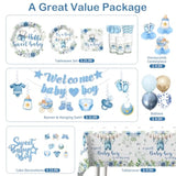 213Pcs Blue Baby Boy Shower Decorations Tableware Set, 25 Serves Disposable Plates And Napkins Set, With Cake Topper, Centerpieces, Banner, Tablecloth, For Baby Boy Baby Shower Decorations