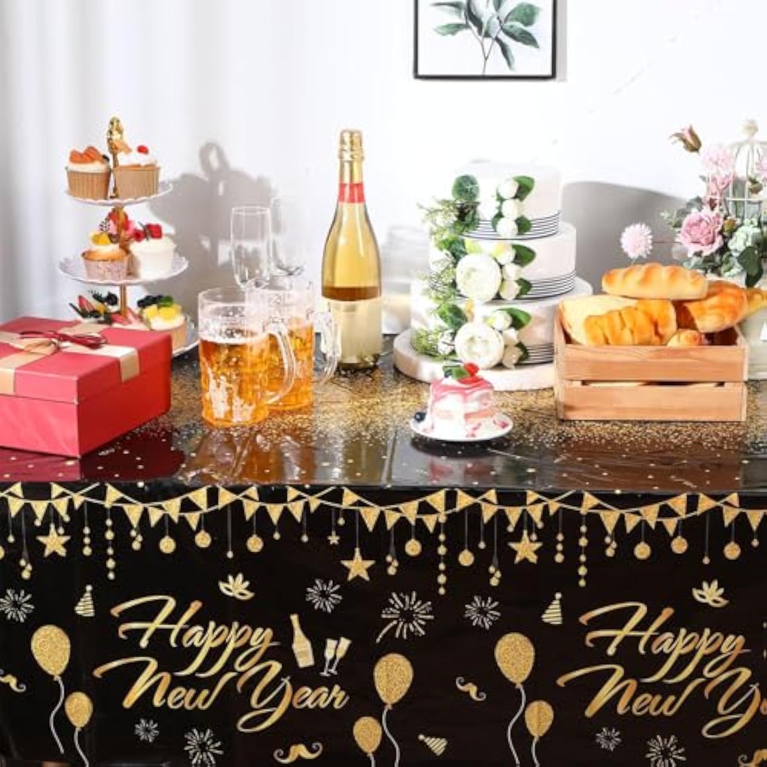 3 Pcs Happy New Year 2026 Tablecloths 54x108in Black Gold Disposable