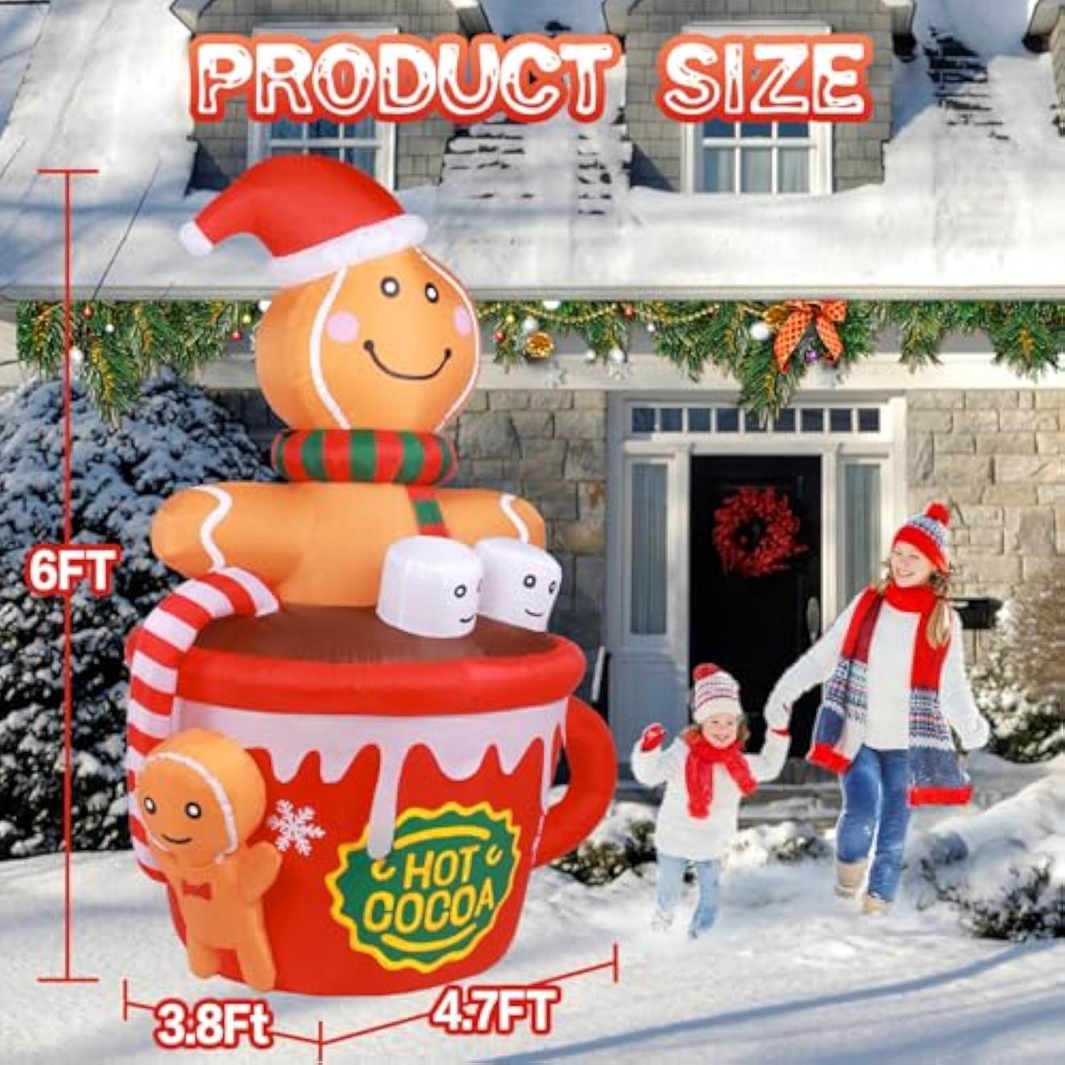 6Ft Christmas Gingerbread Man Inflatables Outdoor Decoration Hot Cocoa Cup Cute Giant Xmas Blowups With Built-In Led Lig