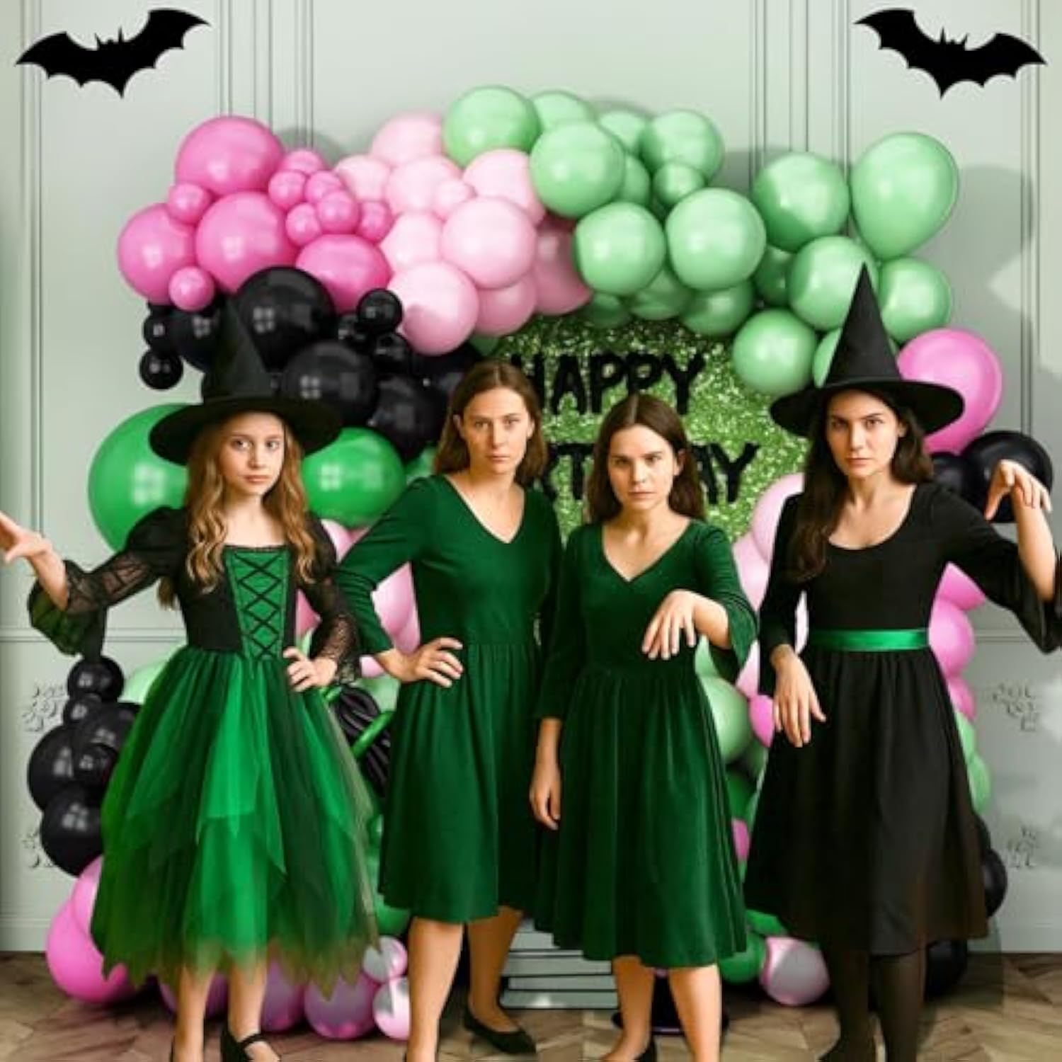 Pink Green Black Balloon Arch Kit,130Pcs Black Green Pink Witch Balloon Garland With Long Latex Balloons Different Size For Birthday Halloween Party Decoration