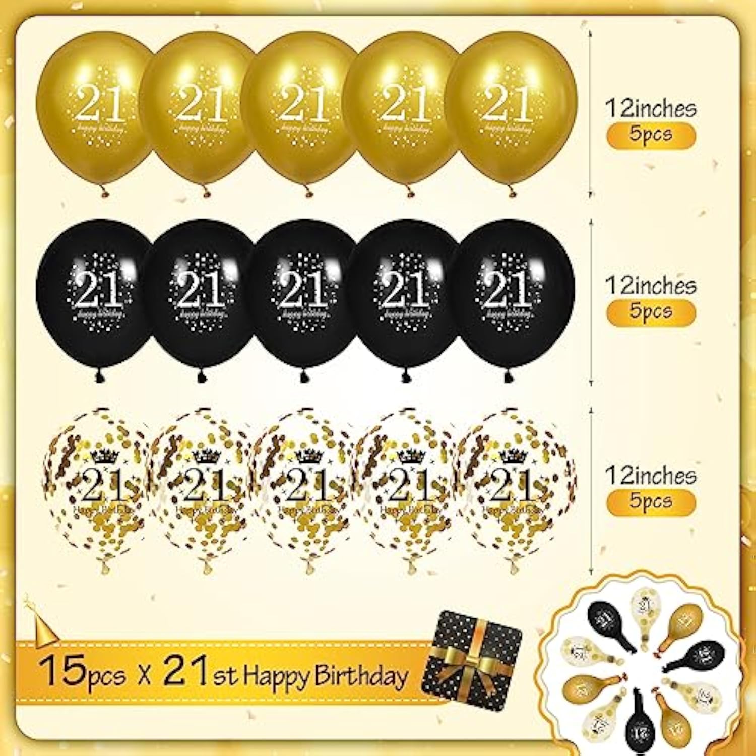 21St Birthday Balloons For Men, 15 Pcs Black Gold Happy 21St Birthday Balloons For Men Women 21 Years Old Party Decor Supplies
