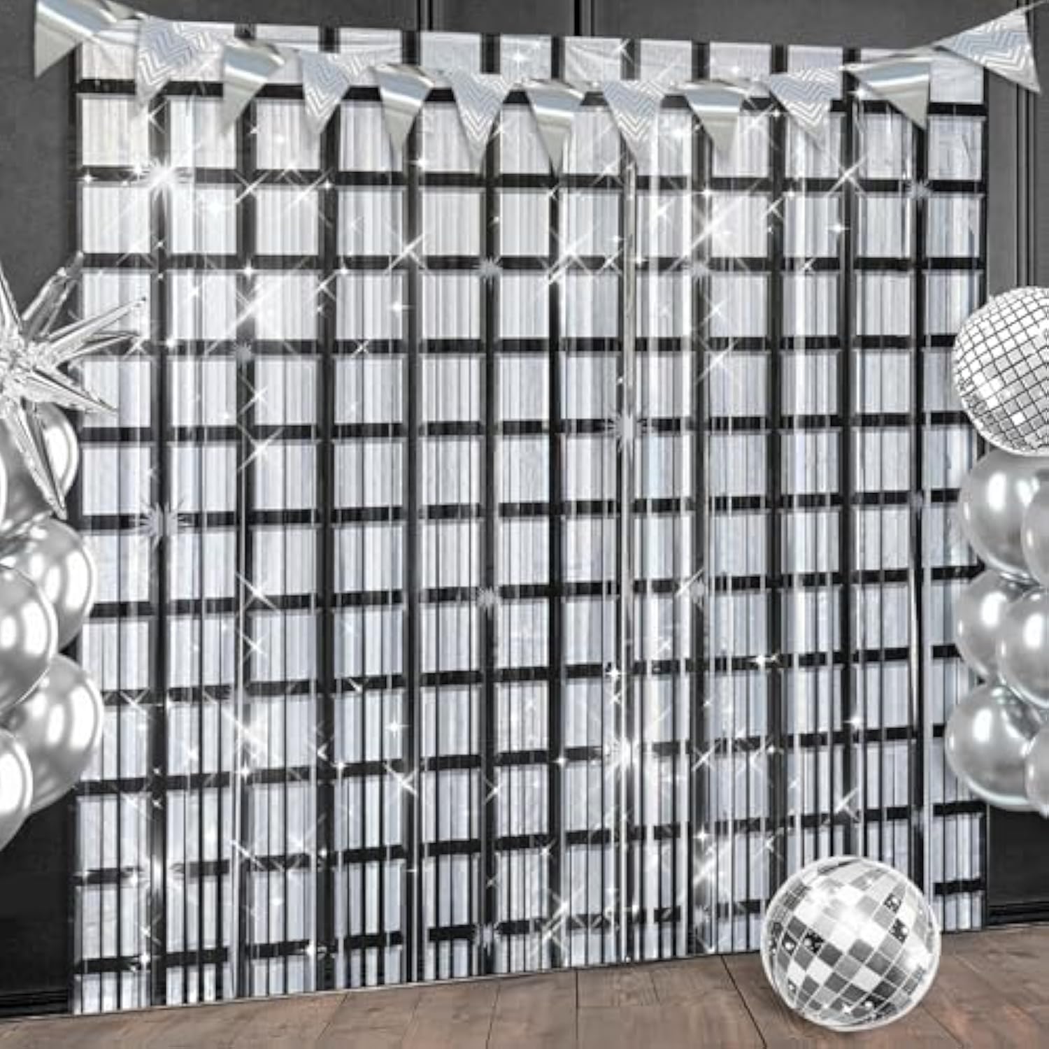 Disco Foil Fringe Curtains 2 Pack Black & Silver Party Backdrop