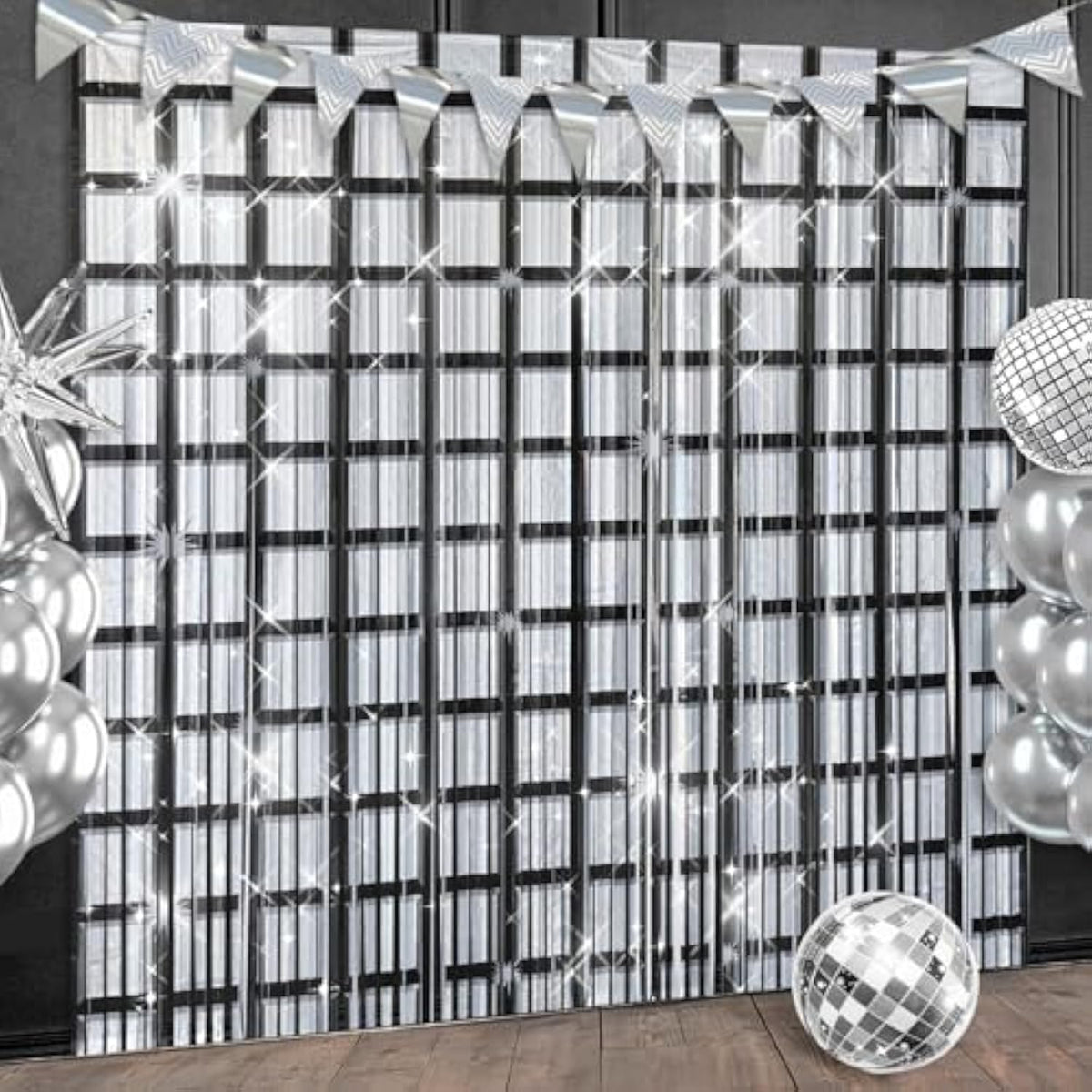 Disco Foil Fringe Curtains 2 Pack Black & Silver Party Backdrop