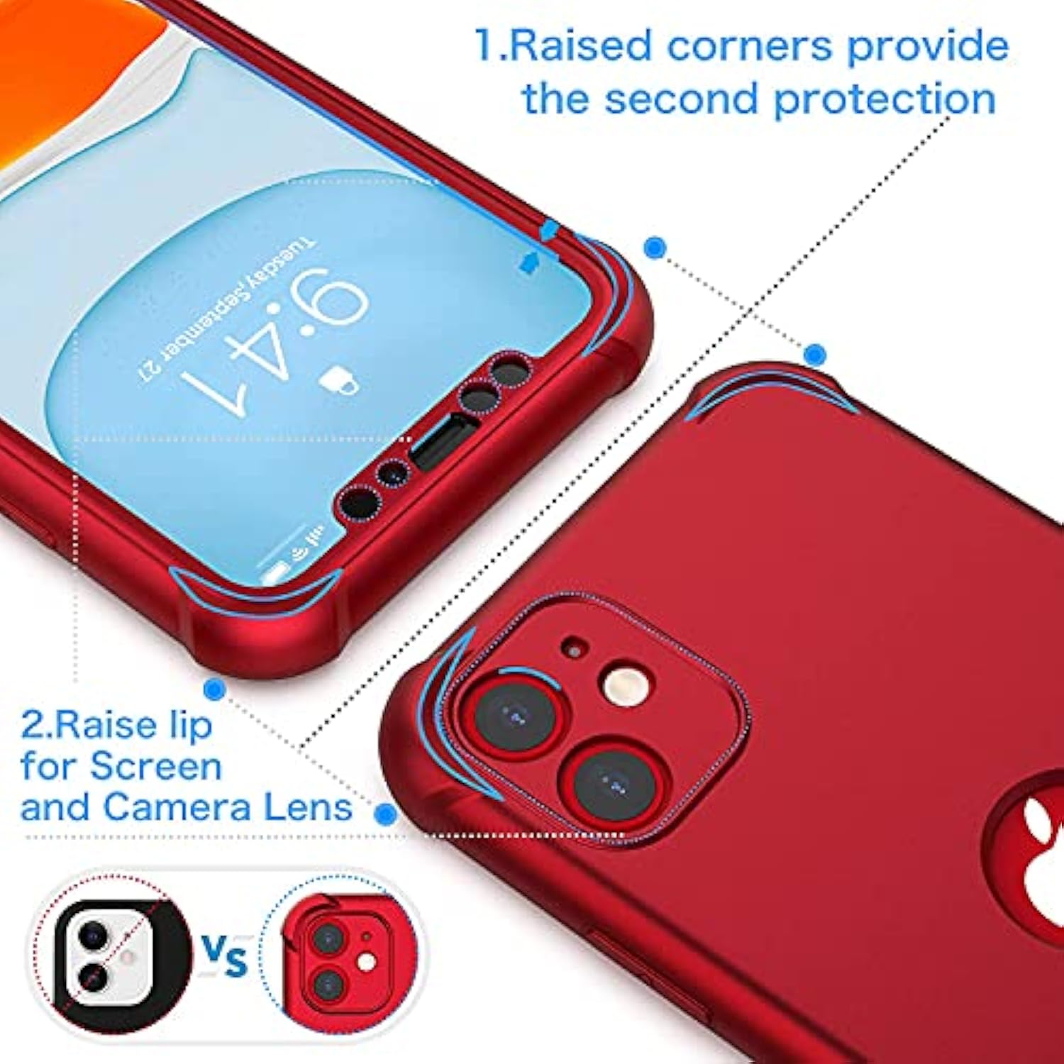 For Iphone 11 Case, With[2 X Tempered Glass Screen Protector] [10 Ft Grade Drop Test] [Camera Protection] 360° Full Body Shockproof Protection Rubber Silicone For Iphone 11 6.1"- Red