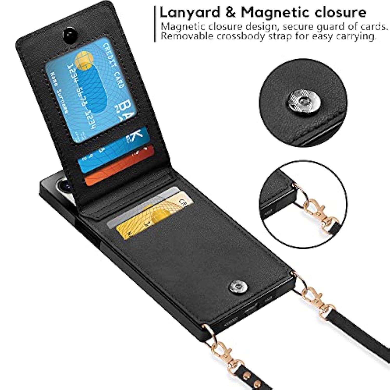 For Iphone 14 Pro Case Wallet Card Holder Leather Pu Flip Cover Folio Lanyard Crossbody Strap Women Girl Magnetic Clasp Kickstand Heavy Duty Protective Cover For Iphone 14 Pro Black