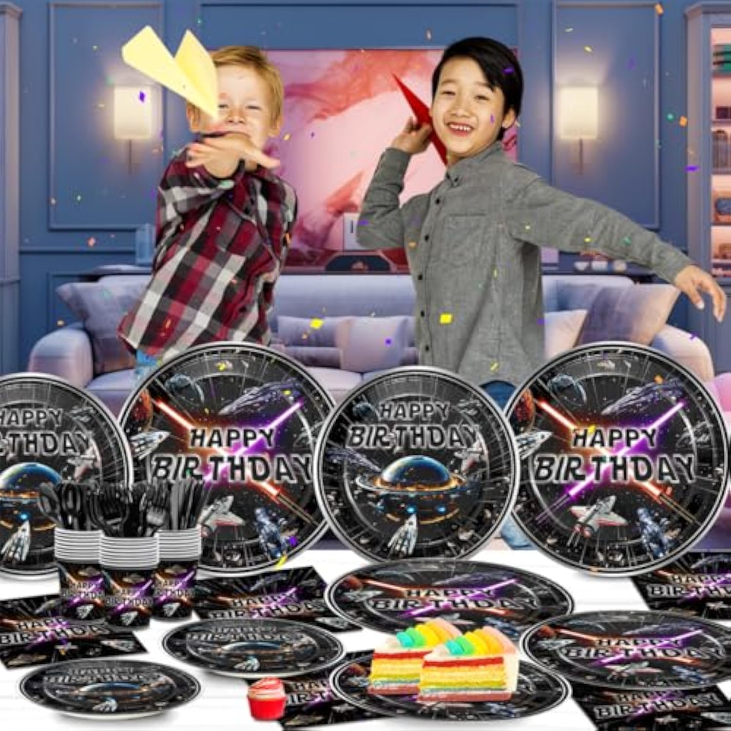 168Pcs Star Plates Napkins Birthday Party Supplies Disposable Paper Cups Black Forks Galaxy Movie Star Party Decorations Tableware Set For Kids Boys Birthday Decor Serves 24 Guests