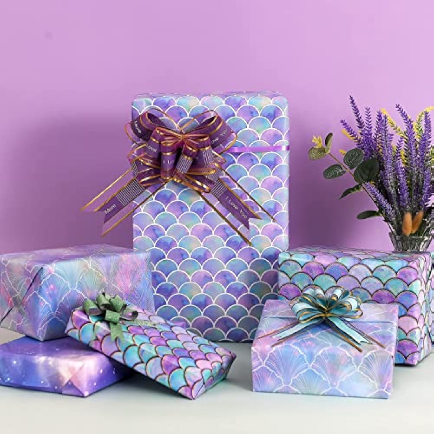 Birthday Wrapping Paper Folded For Girls Kids Baby Women Mermaid Scale Scallop Galaxy 4 Styles Of Gift Wrapping Paper For Weddings Graduation Anniversaries 12 Sheets 20 X 29 Inch