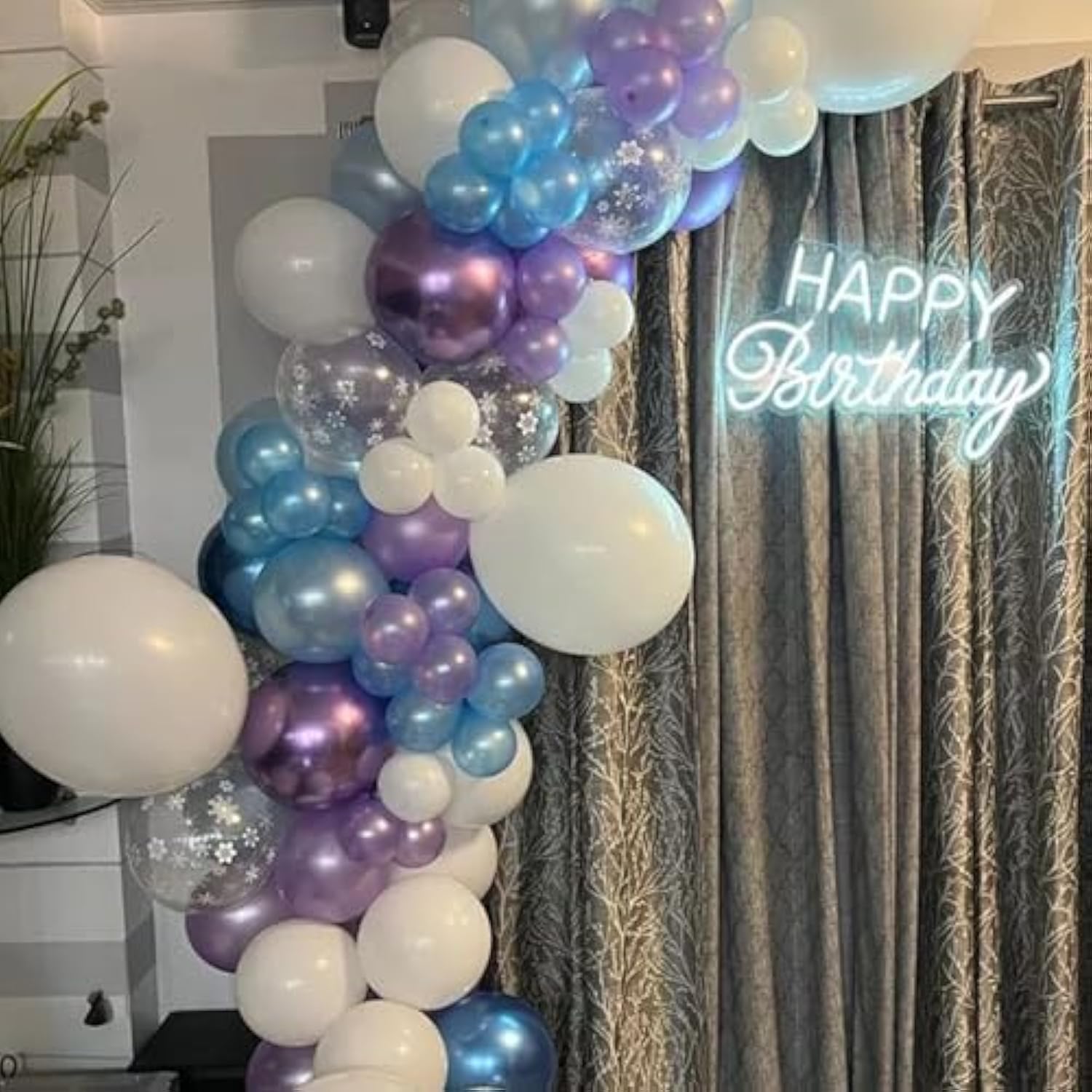 60Pcs Frozen Theme Balloons – 12" Purple, Blue, White & Snow Confetti for Winter Parties