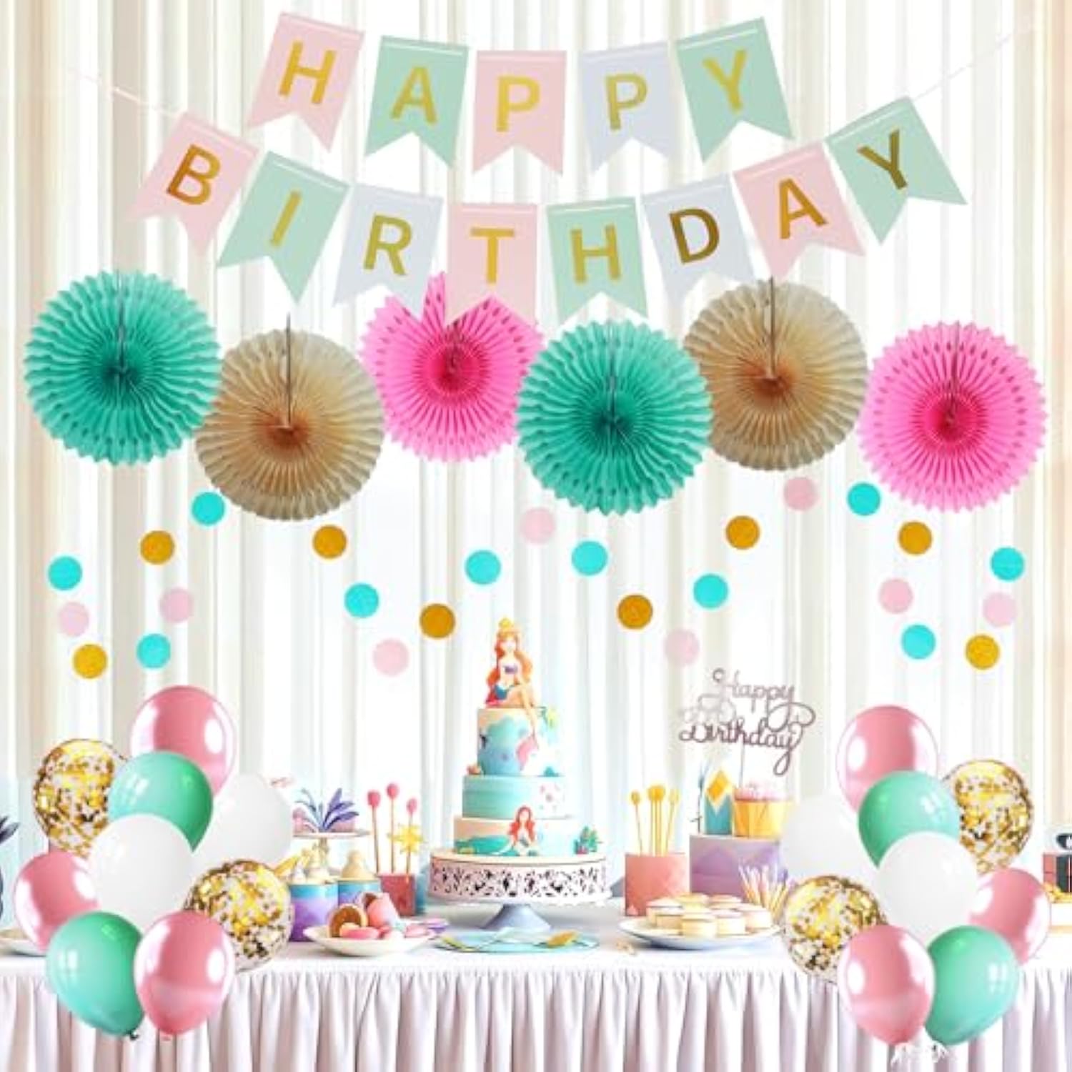 Birthday Decorations For Men Women Pink Green Gold Birthday Party Decorations Set - Happy Birthday Banner, Balloons, Tissue Paper Fans, Round String Garlands For Girls, Women, 18Th/21St Birthday Party