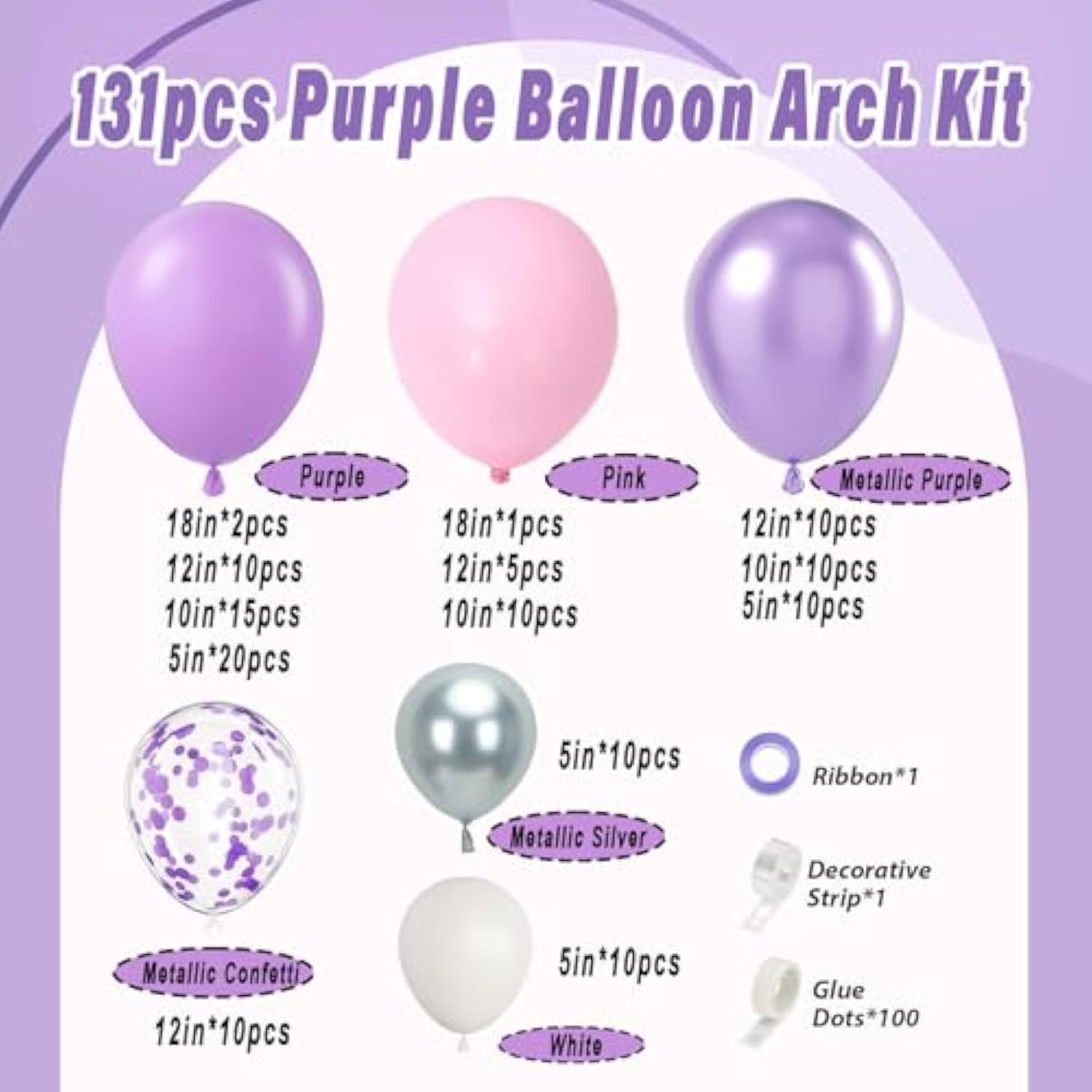 Purple Balloons Garland Arch Kit,131Pcs Pink Purple Confetti Balloons With Silver Ballons For For Girl Baby Shower Birthday Wedding Anniversary Party Decorations