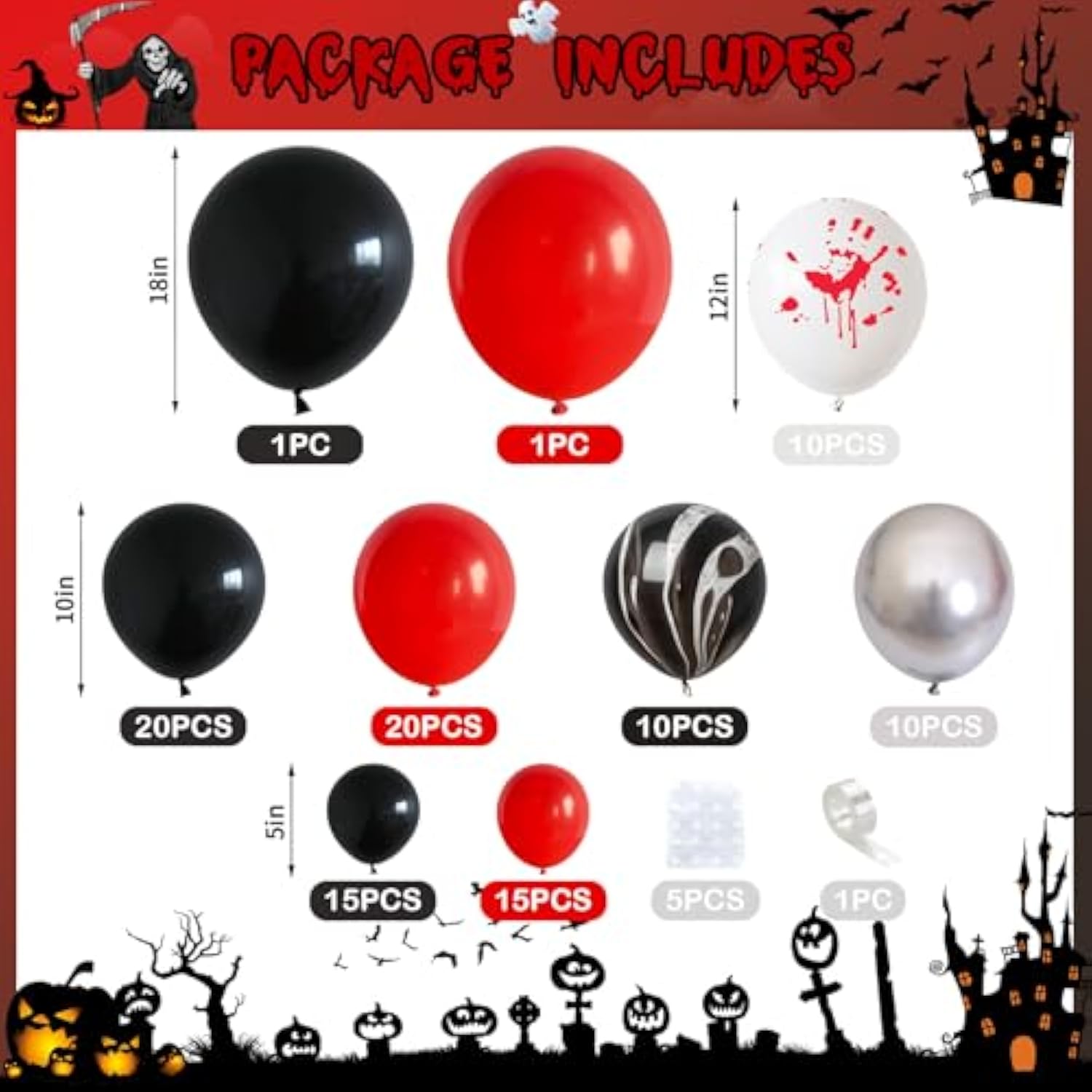 Halloween Balloon Arch Kit Black Red Bloody Marble Latex Balloons Scary Horror Party Decorations