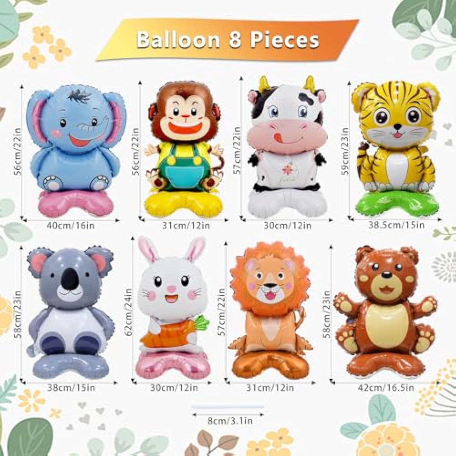 8 Pc Standing Cute Animal Foil Balloons - Lion, Bear, Cow, Monkey, Koala, Tiger, Elephant, Bunny - Jungle Safari Zoo Themed Baby Shower Birthday Party Decorations