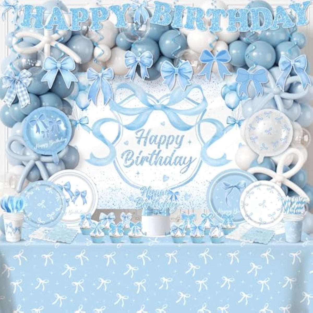 Blue Bow Party Supplies Serve 24,Coquette Birthday Decorations Include Bow Themed Tableware Tablecloth Backdrop Blue And White Balloon Arch Kit For Girls Birthday Decor