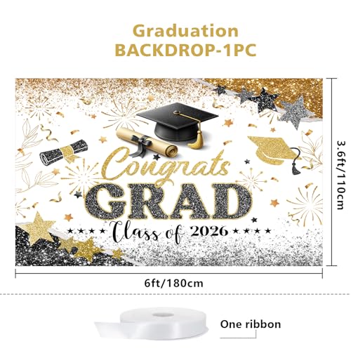 71x43 Inch Graduation Backdrop Black Gold Congrats Grad Class of 2026 Decorations Congratulations Graduates Photography Background Large Graduation Party Decorations Banner Photo Booth Props