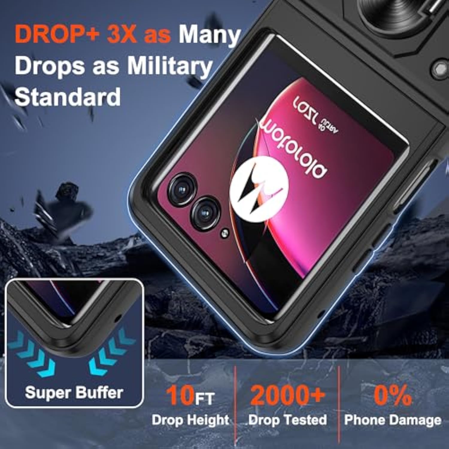 For Motorola Razr Plus 2023 Case, Heavy Duty Shockproof With 360° Rotation Metal Kickstand [Military Grade] Protective Case For Moto Razr+ 2023, Black